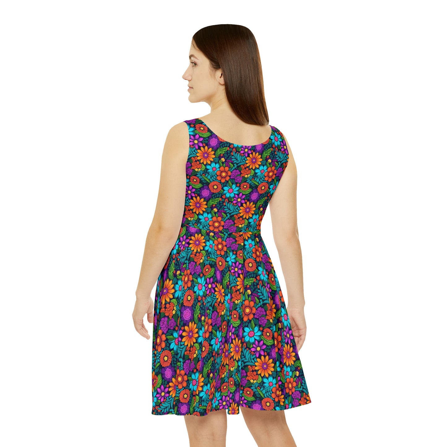 Women's Skater Dress (AOP), Multi-color, Retro, Flowers, Purple, Aqua