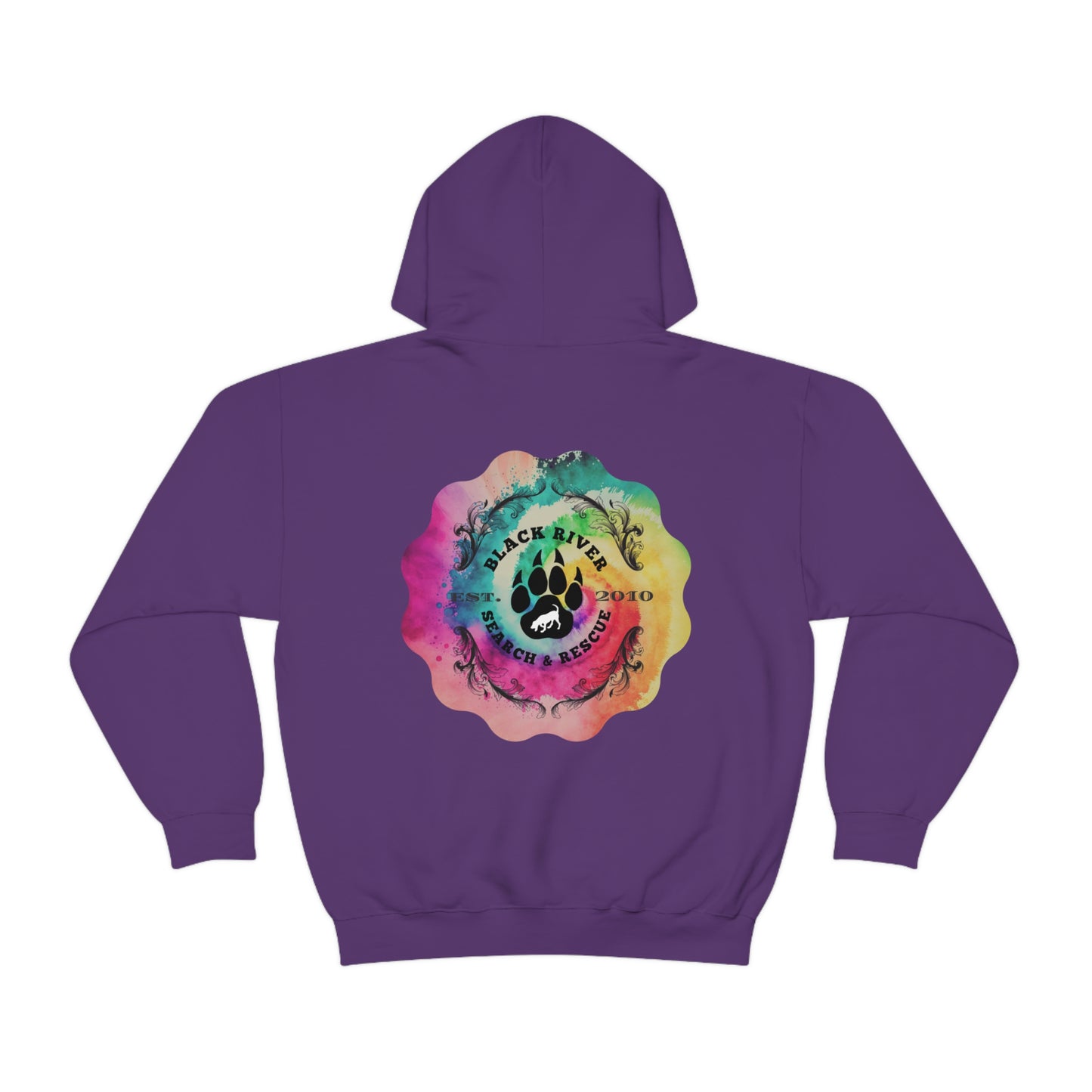 Tie Dye Black River Search & Rescue Logo with Lucy Unisex Heavy Blend™ Hooded Sweatshirt