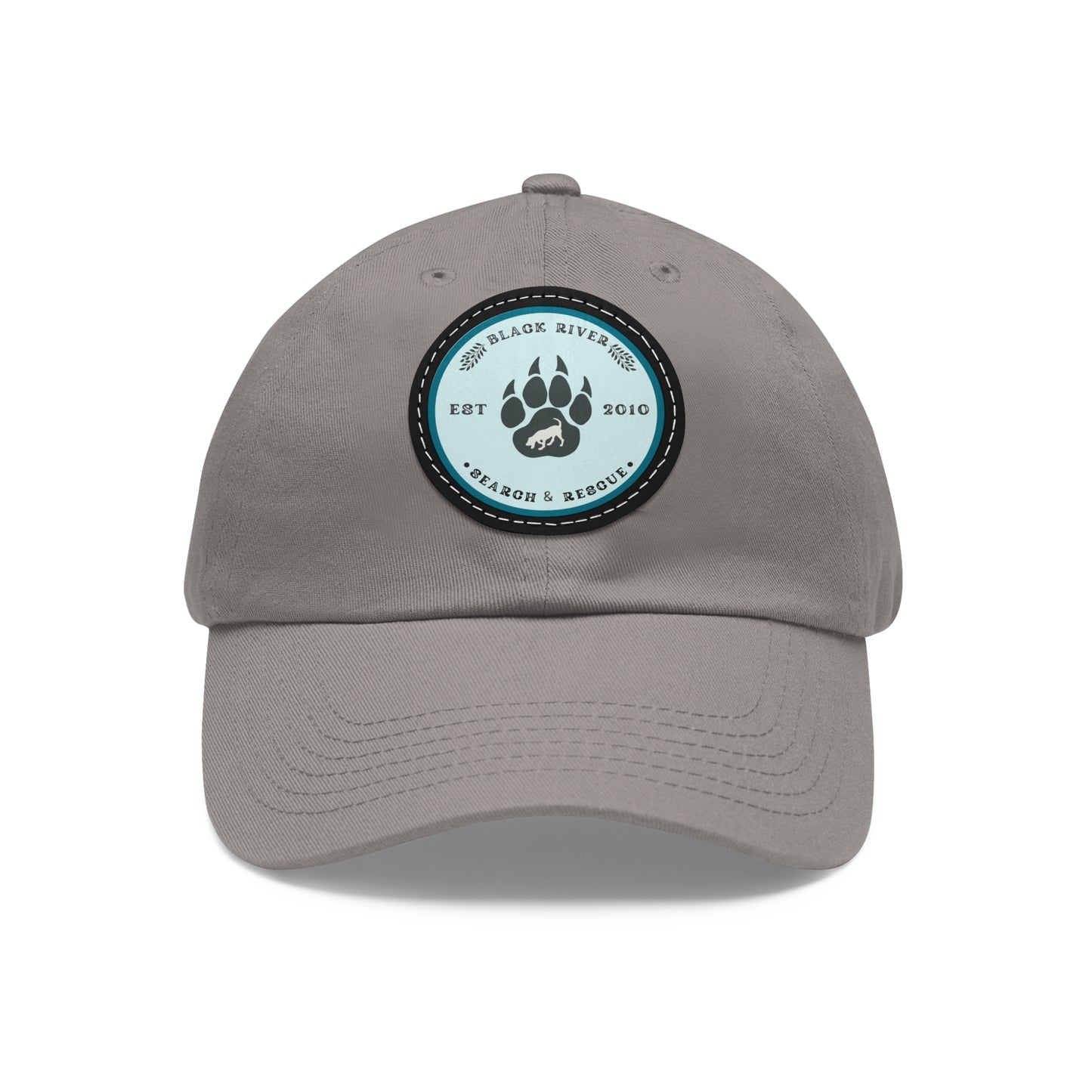 Unisex Hat with Leather Patch (Round), Black River Search & Rescue Logo, Turquoise patch