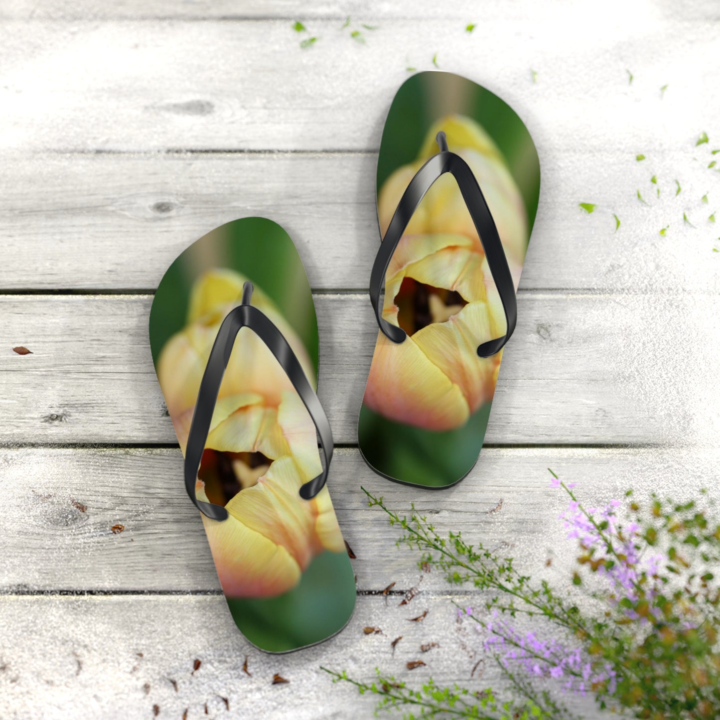 Flip Flops, tulips, peach, yellow, flowers