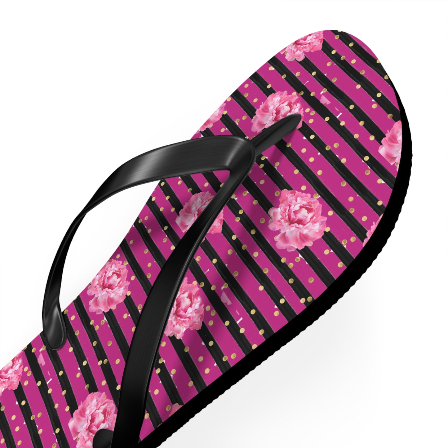 Bright Pink rose and black striped Flip Flops