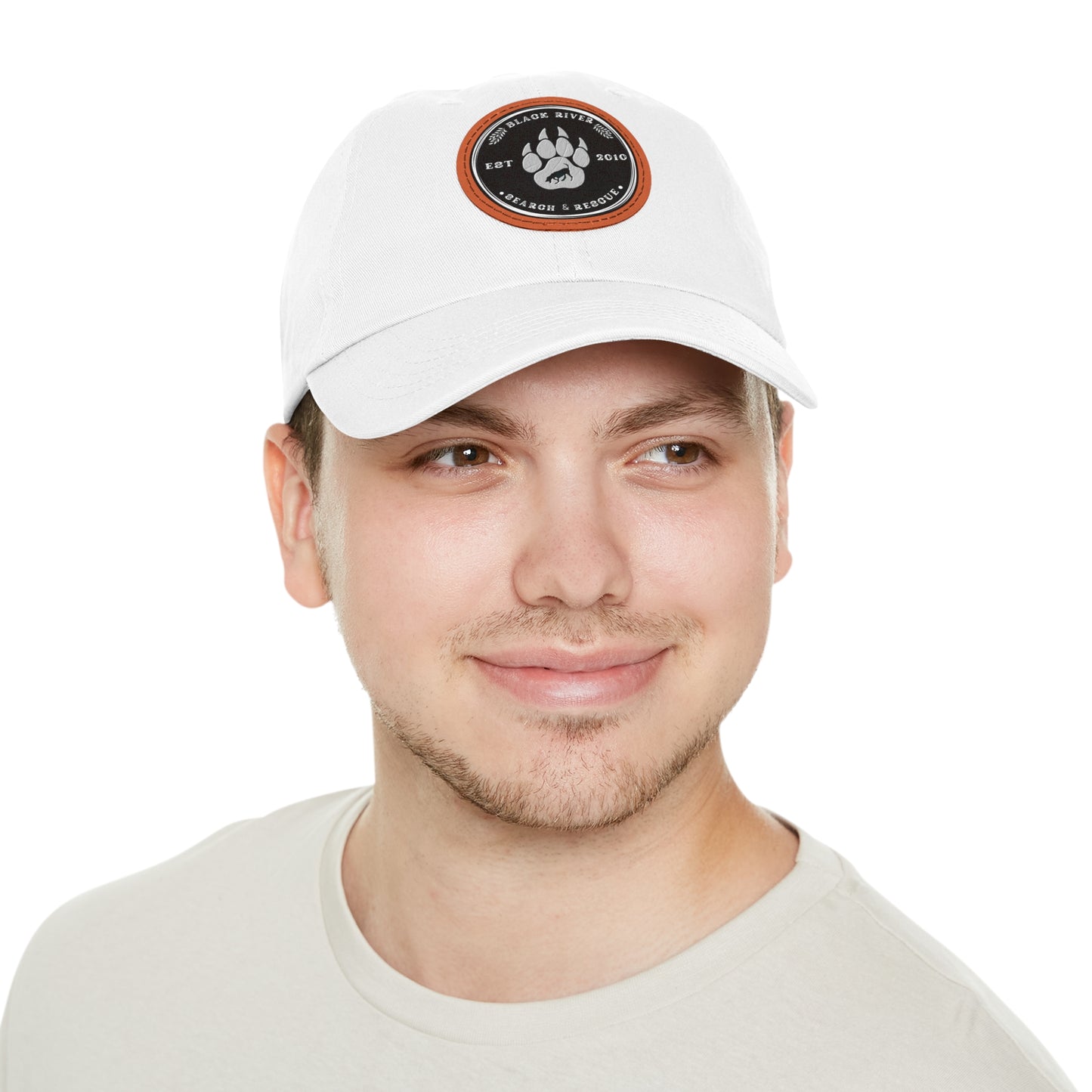 Unisex Hat with Leather Patch (Round), Black River Search & Rescue Logo, black & white patch