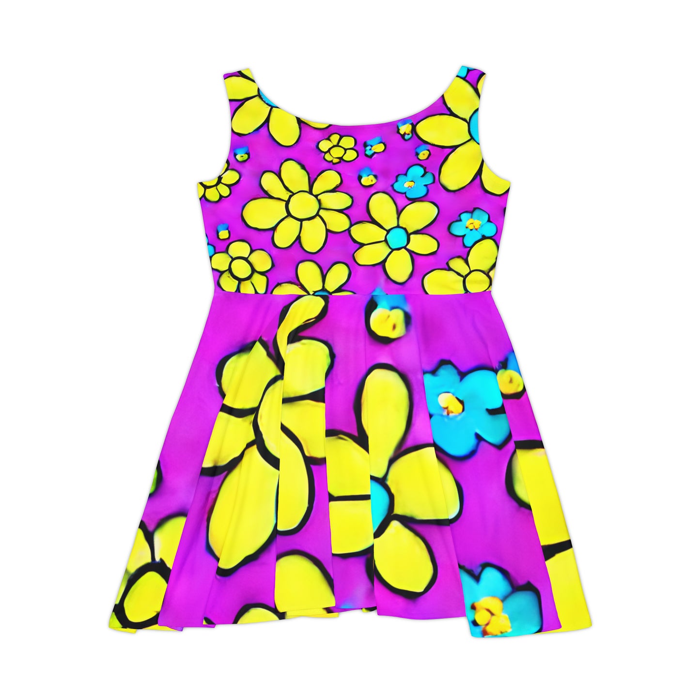 Women's Skater Dress (AOP)m Purple, Yellow, Retro, Flowers