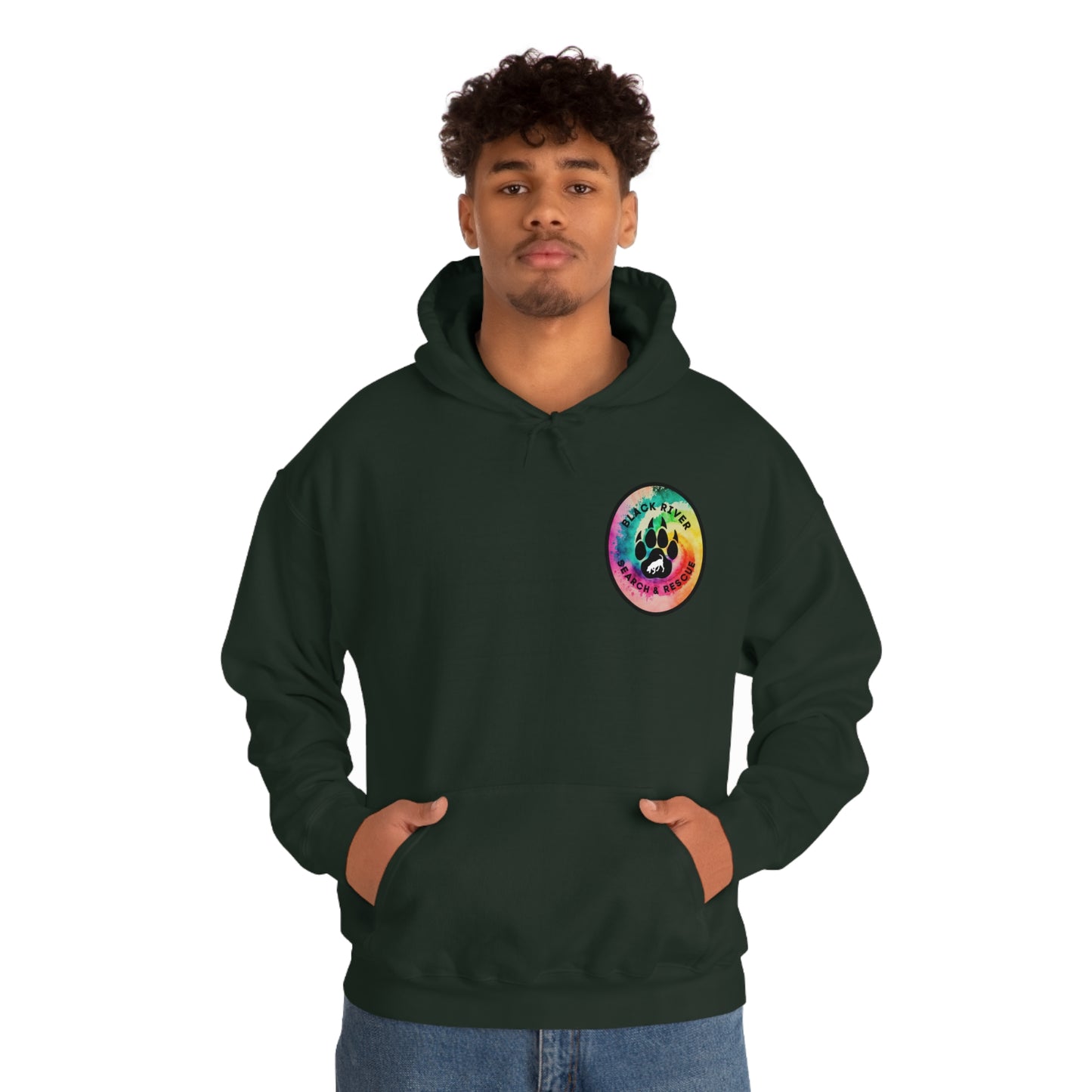 Tie Dye Black River Search & Rescue Logo with Lucy Unisex Heavy Blend™ Hooded Sweatshirt