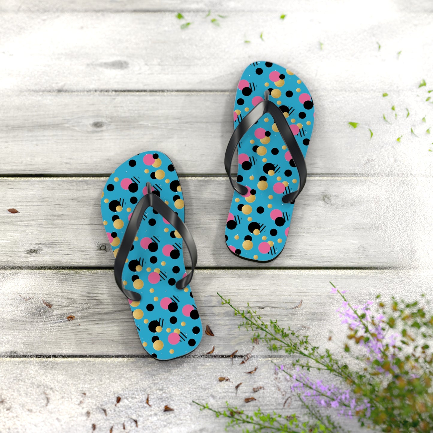 Turquoise pink, black gold polka dot Flip Flops