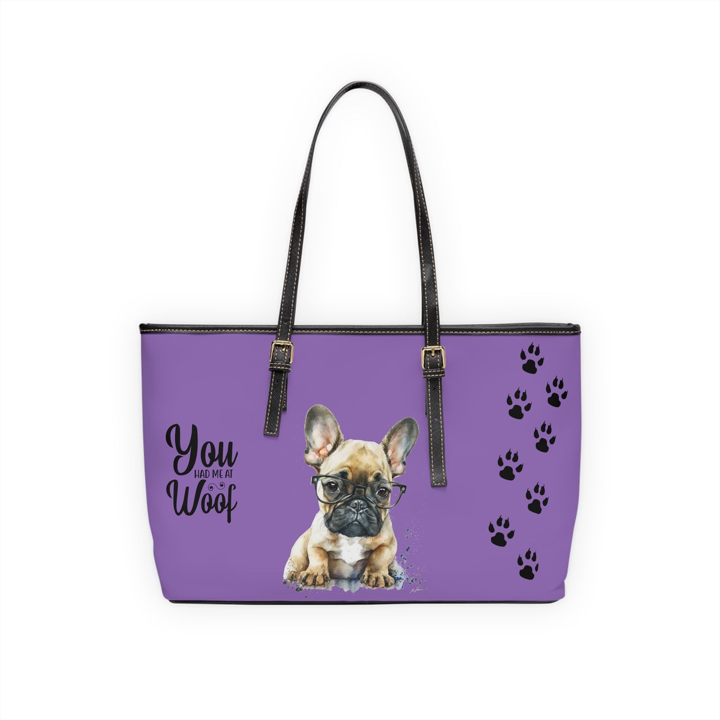 French Bulldog Leather Shoulder Bag Purple two Frenchie pictures You Had Me at Woof Stay Pawsitive