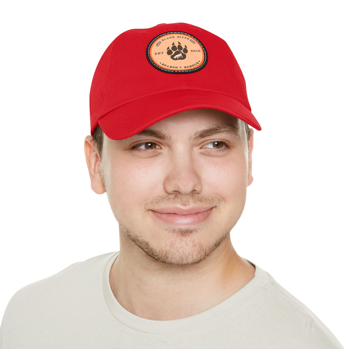 Copy of Unisex Hat with Leather Patch (Round), Black River Search & Rescue Logo, Orange patch