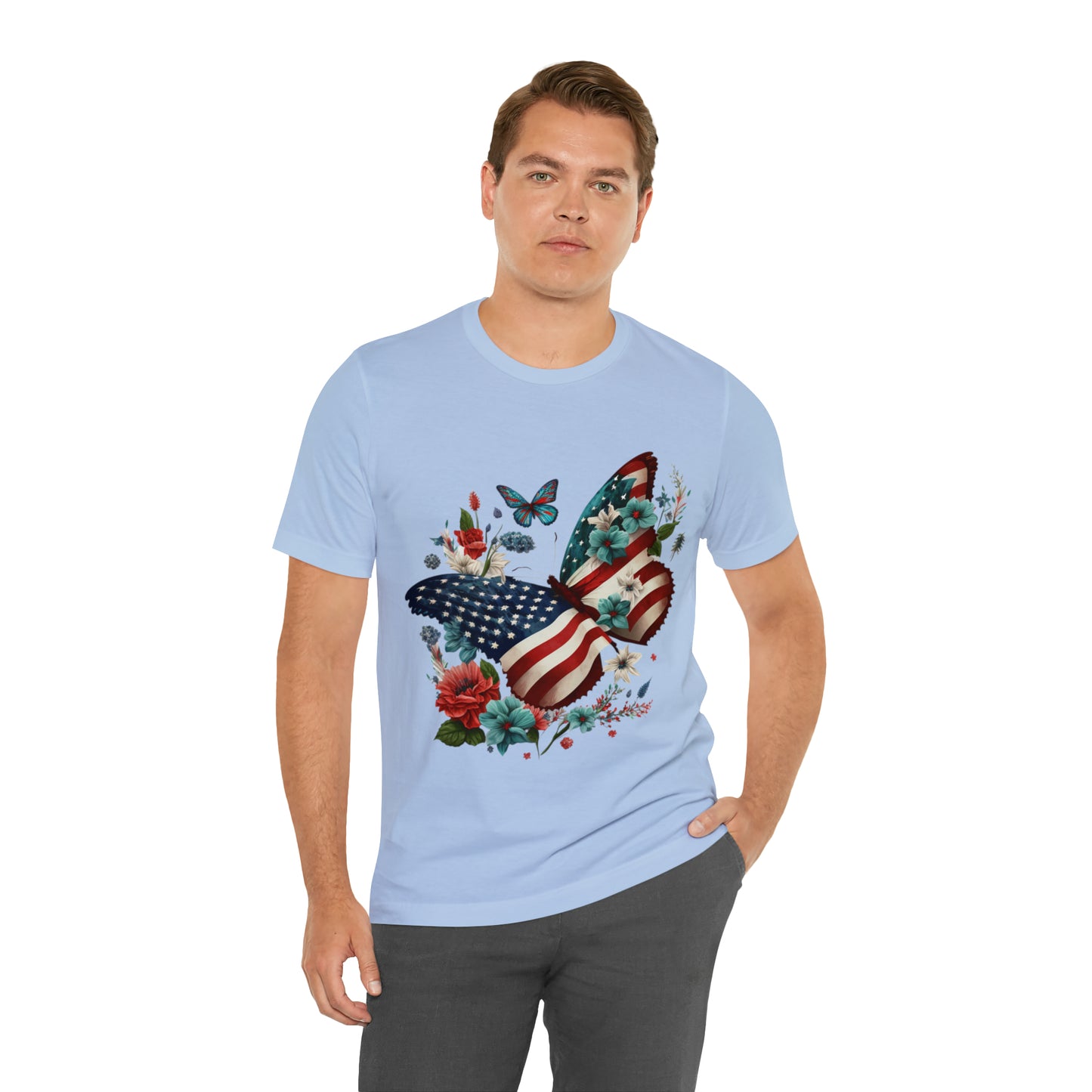 Unisex Jersey Short Sleeve Tee, American Flag, Butterfly, Patriotic