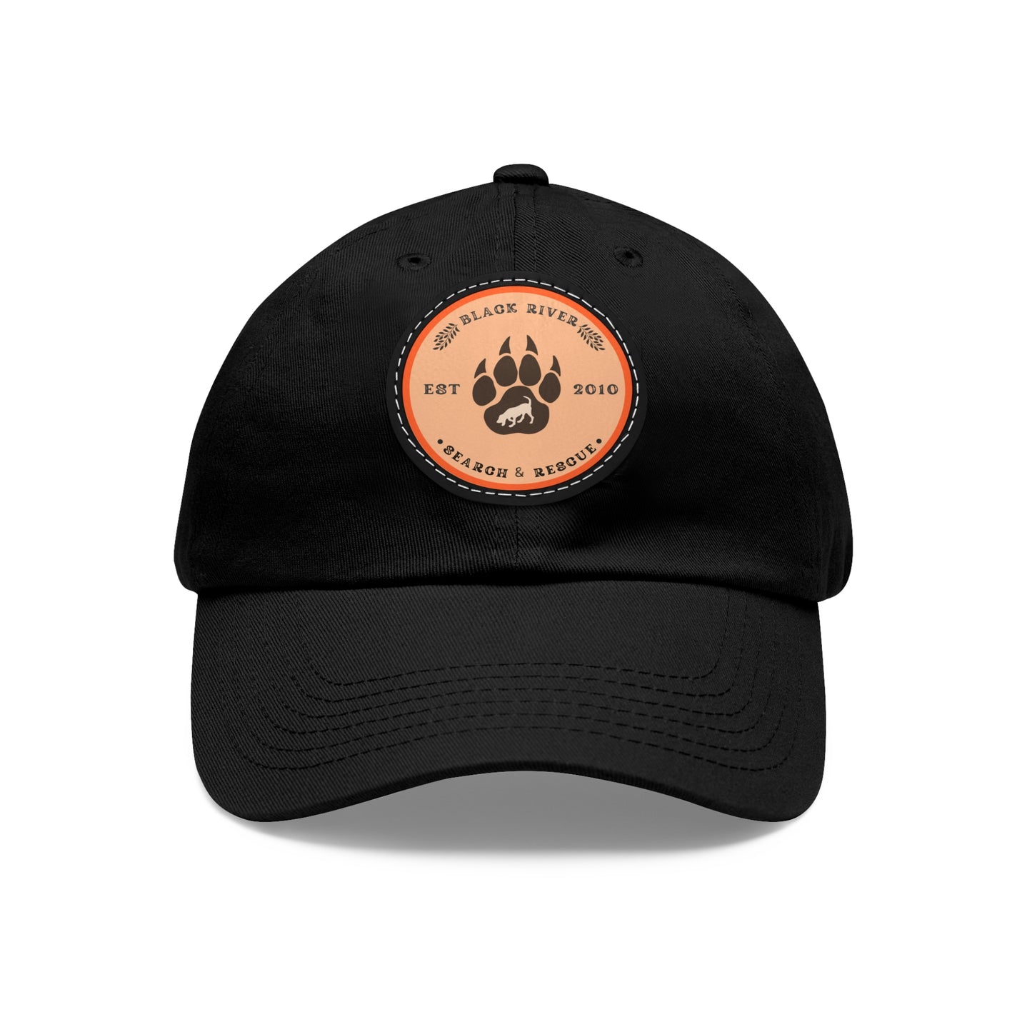 Copy of Unisex Hat with Leather Patch (Round), Black River Search & Rescue Logo, Orange patch