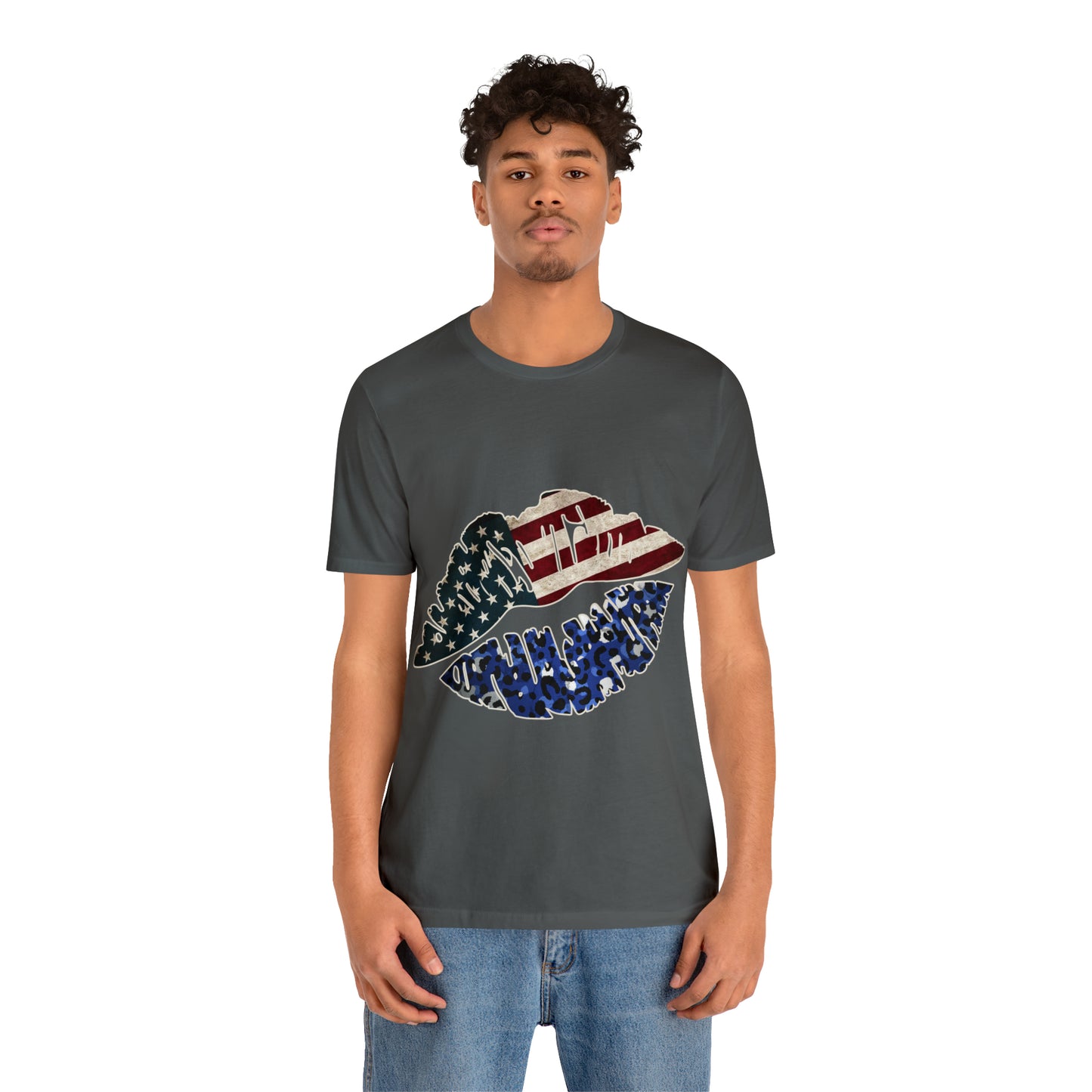 American Flag Lips 4th of July Unisex Jersey Short Sleeve Tee Patriotic Retro