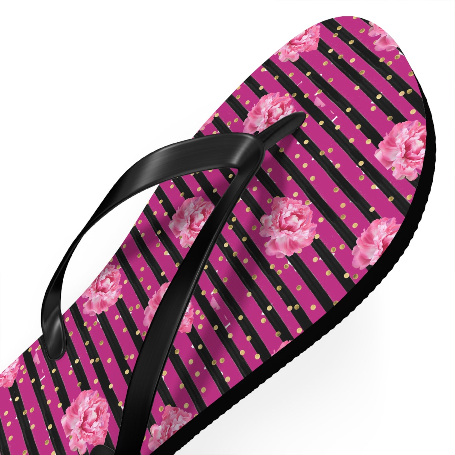 Bright Pink rose and black striped Flip Flops