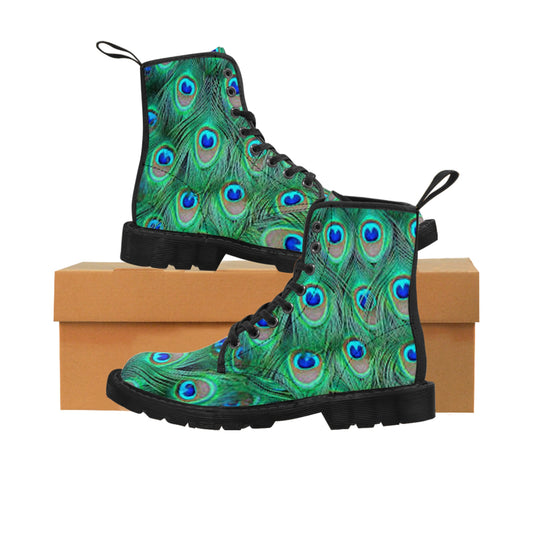 Women's Canvas Boots, Peacock, Green, Feathers