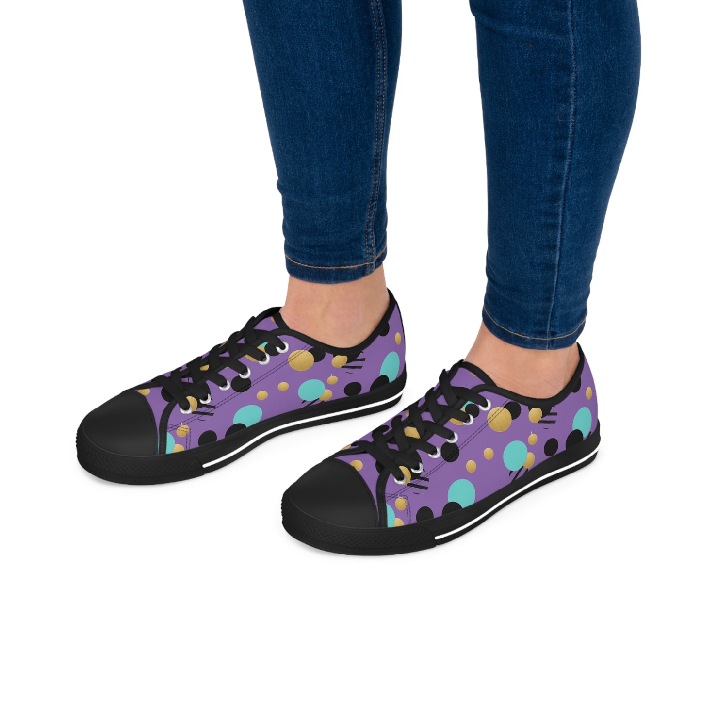 Purple Aqua Black and Gold Polka Dot Print Women's Low Top Sneakers