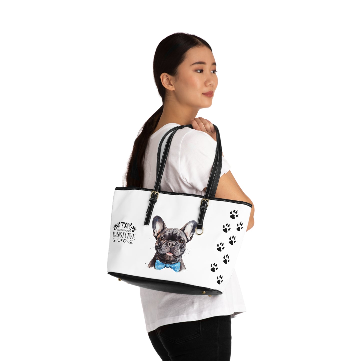 French Bulldog Leather Shoulder Bag two Frenchie pictures You Had Me at Woof Stay Pawsitive