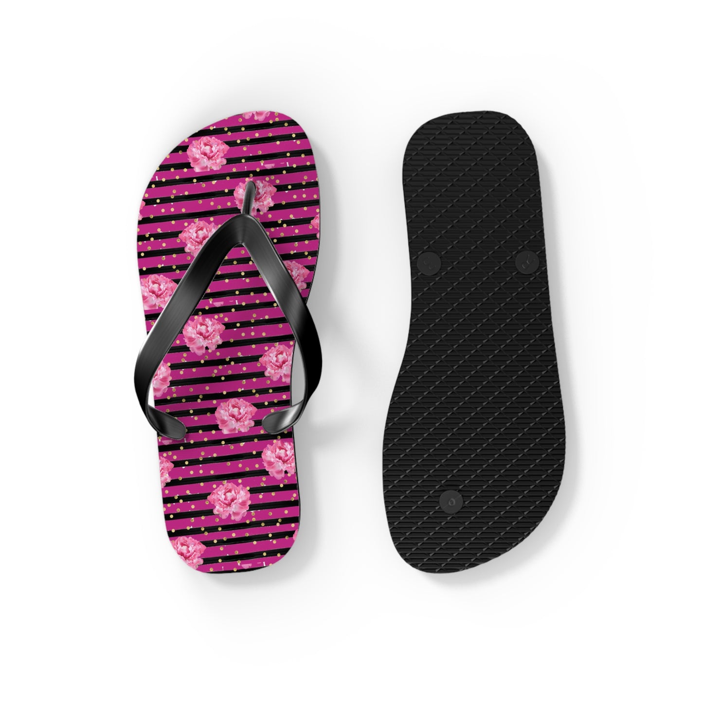 Bright Pink rose and black striped Flip Flops