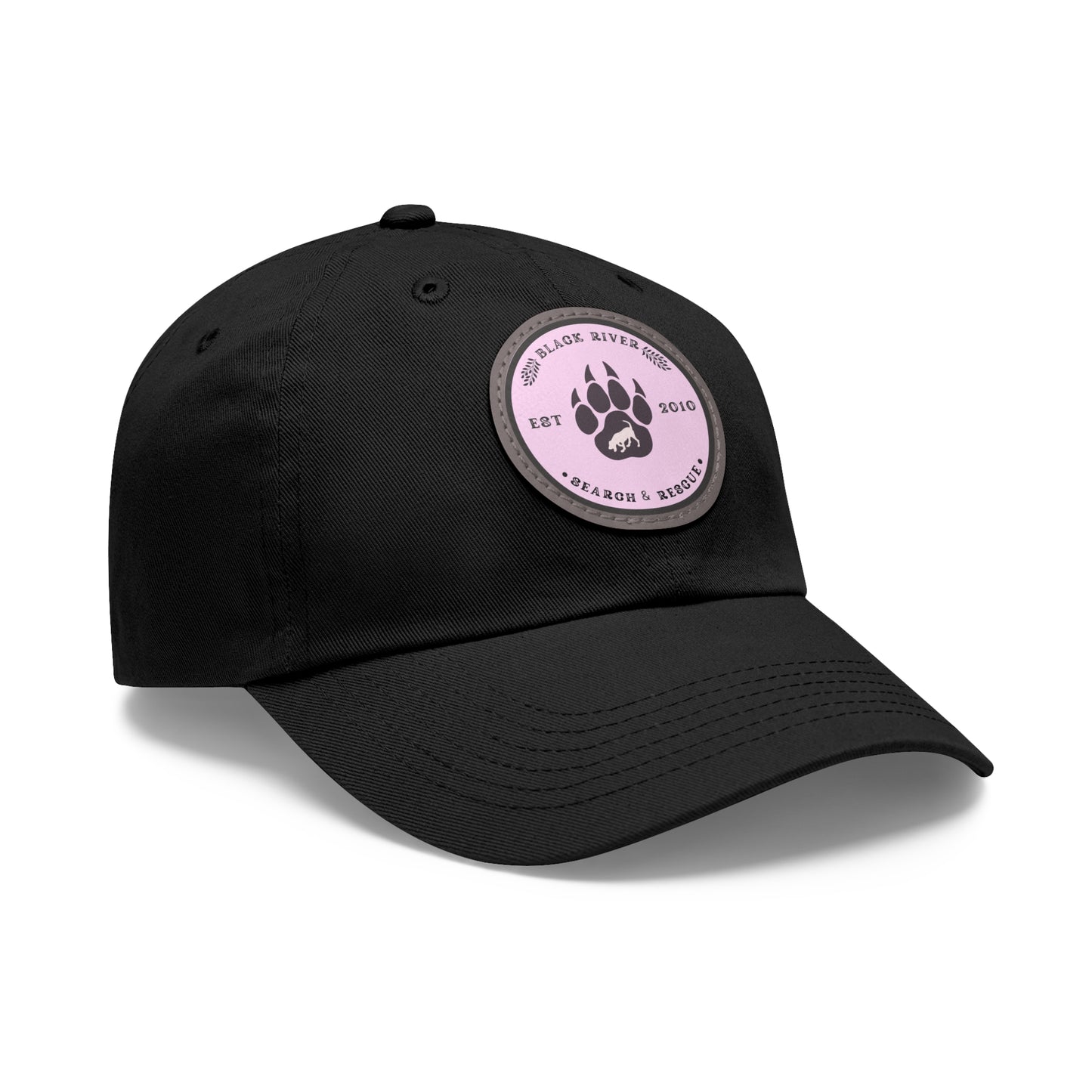 Copy of Unisex Hat with Leather Patch (Round), Black River Search & Rescue Logo, Pink patch