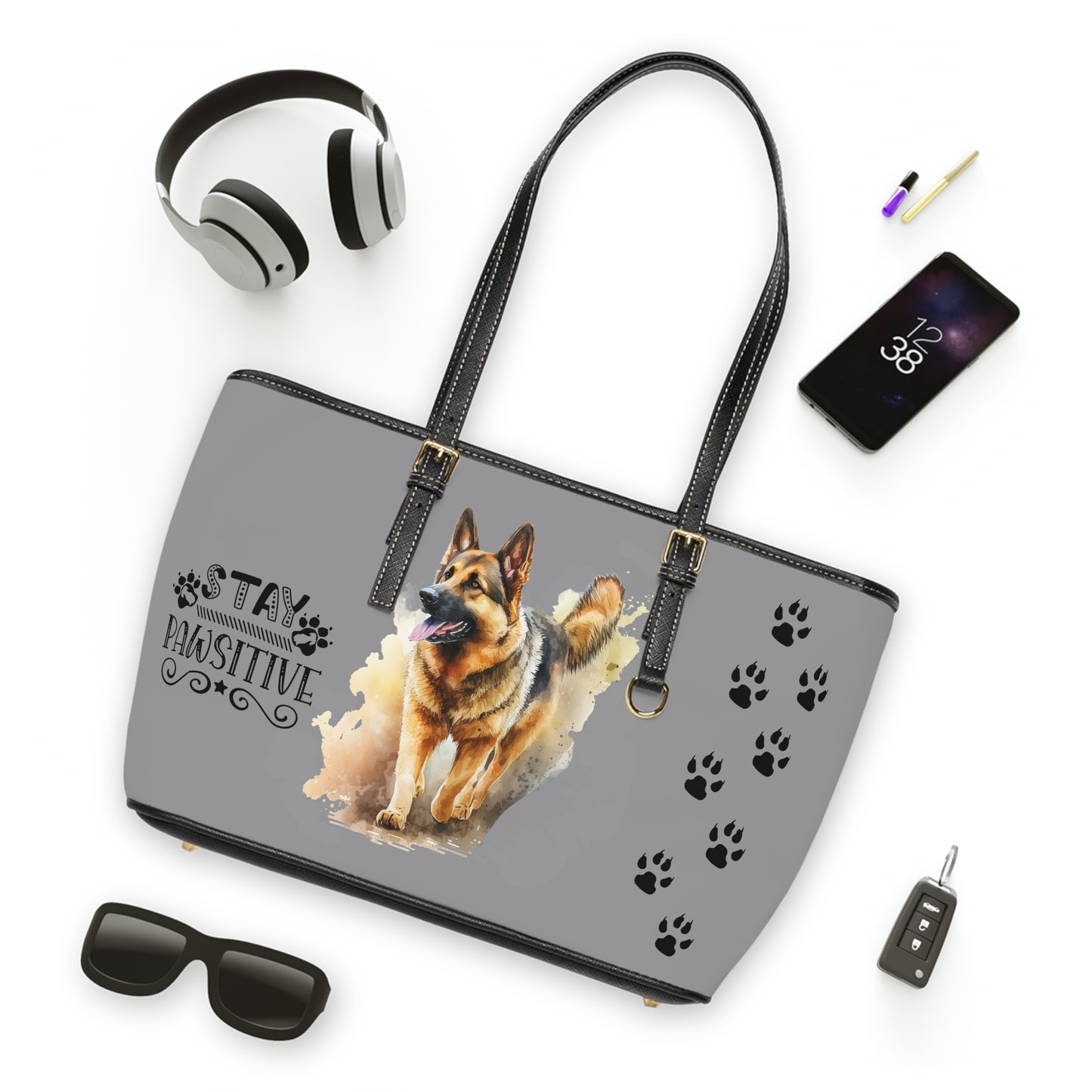 German Shepard Leather Shoulder Bag Grey You had me at Woof Stay Pawsitive Tote