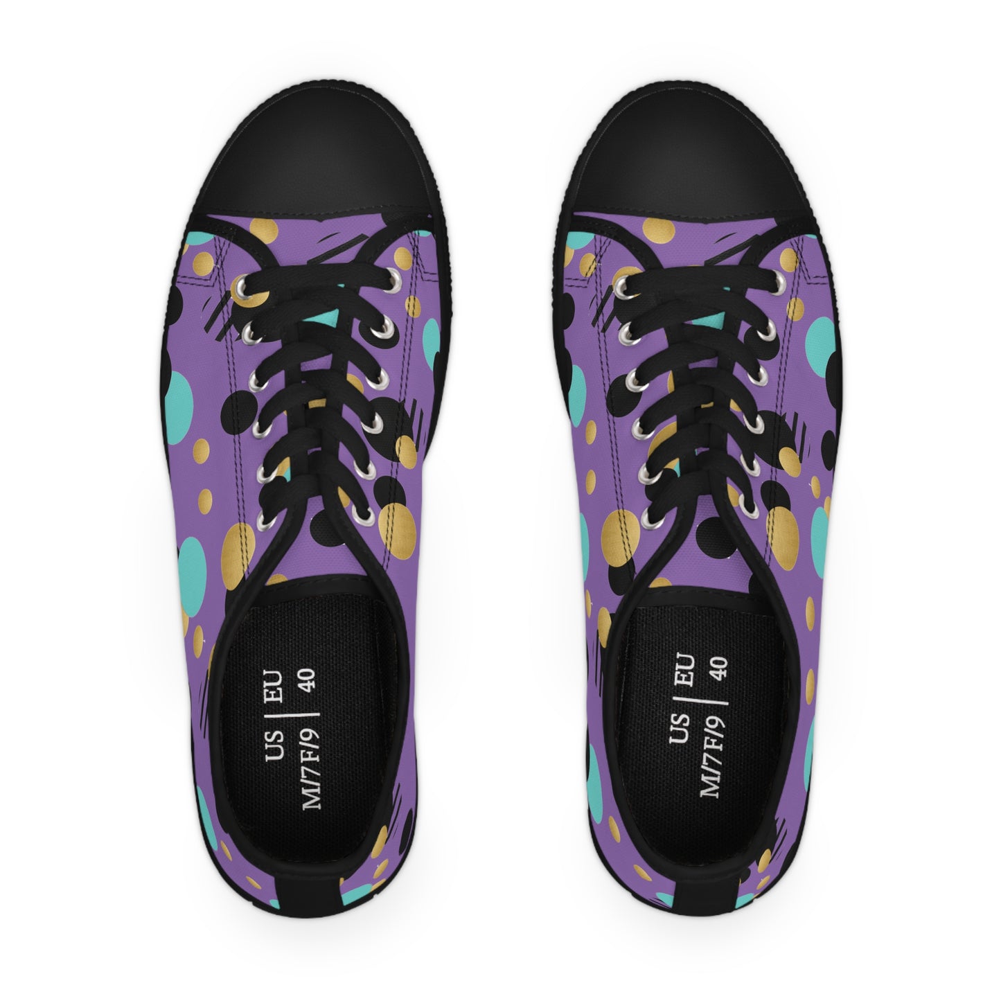 Purple Aqua Black and Gold Polka Dot Print Women's Low Top Sneakers