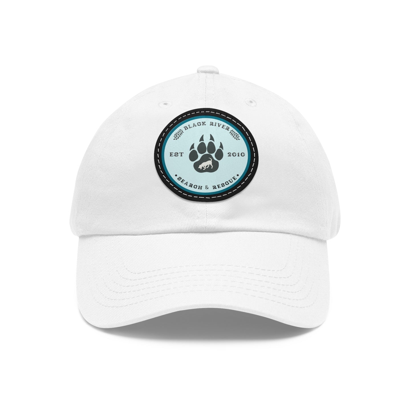 Unisex Hat with Leather Patch (Round), Black River Search & Rescue Logo, Turquoise patch