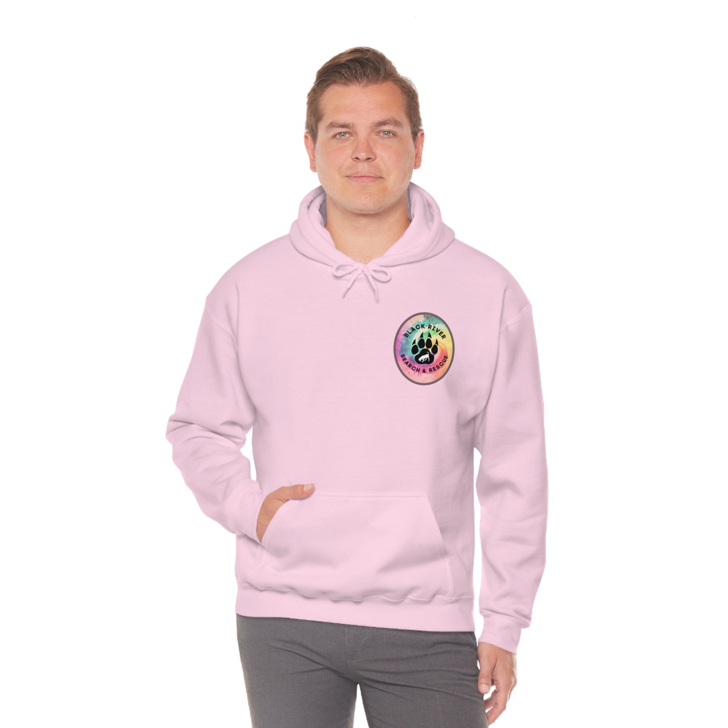 Tie Dye Black River Search & Rescue Logo with Lucy Unisex Heavy Blend™ Hooded Sweatshirt