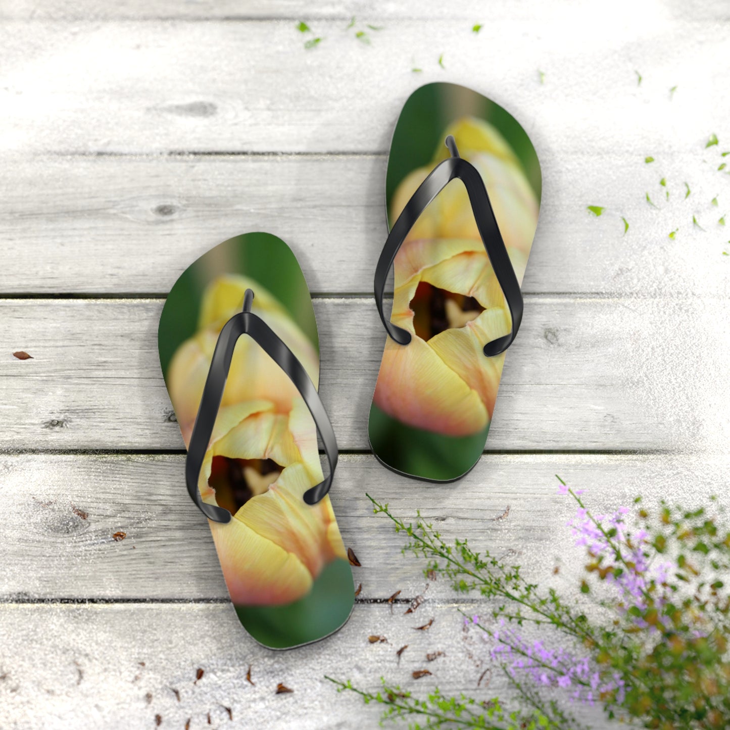 Flip Flops, tulips, peach, yellow, flowers