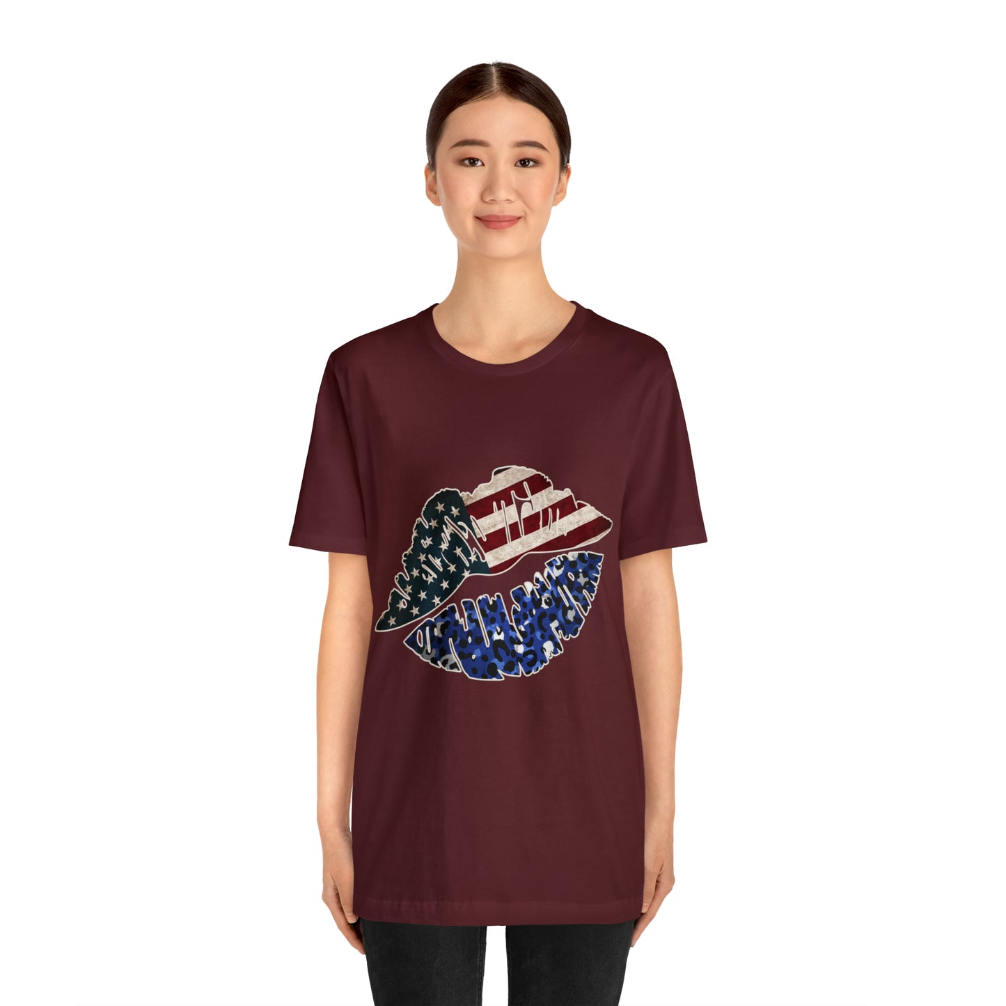American Flag Lips 4th of July Unisex Jersey Short Sleeve Tee Patriotic Retro