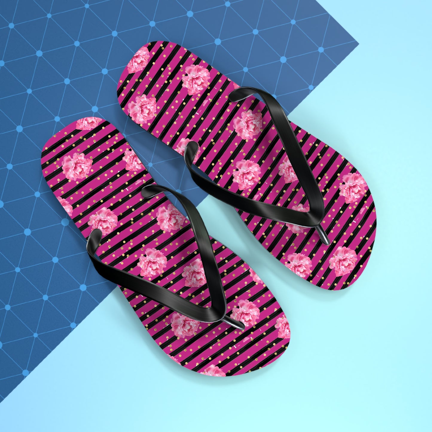 Bright Pink rose and black striped Flip Flops