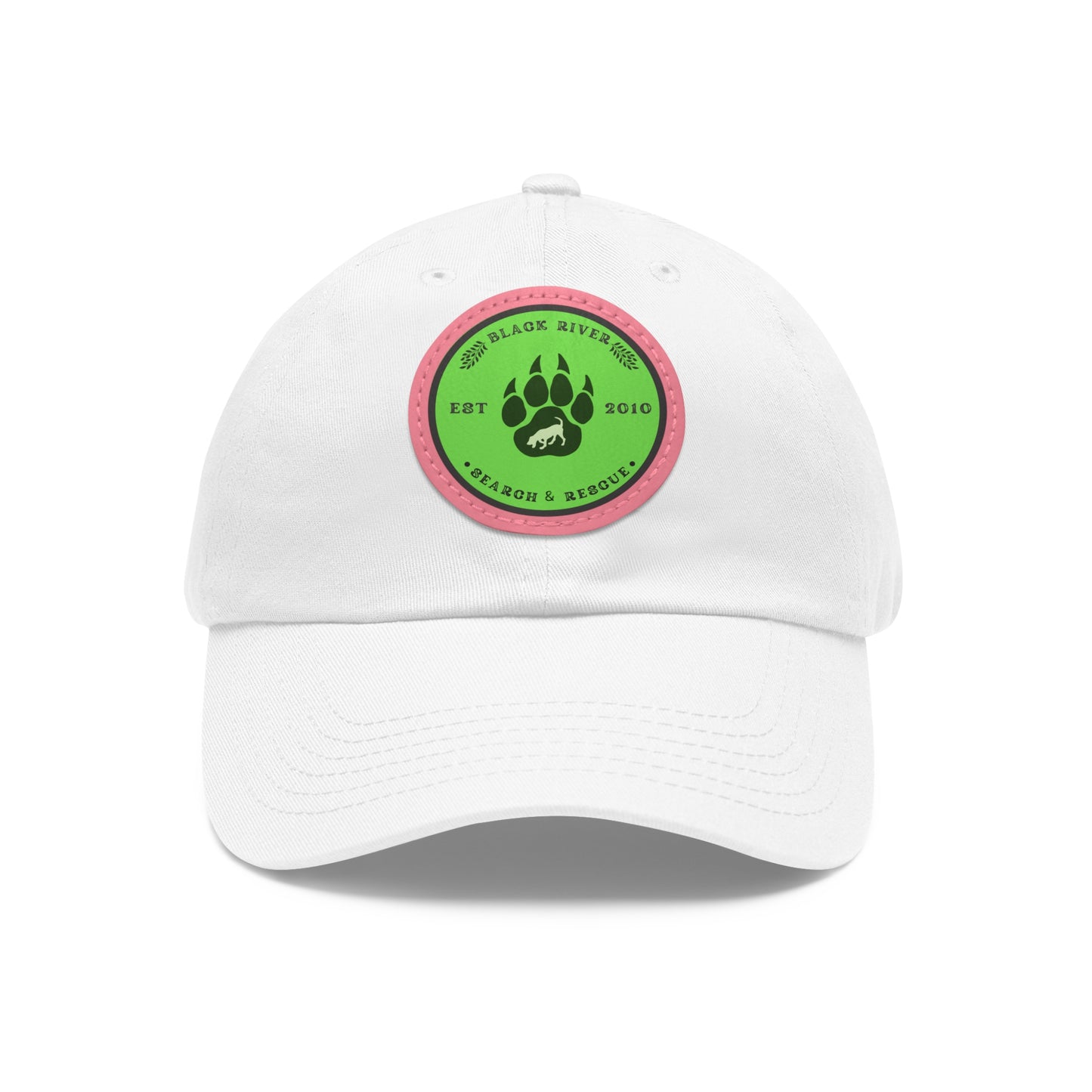 Unisex Hat with Leather Patch (Round), Black River Search & Rescue Logo, Lime Green patch