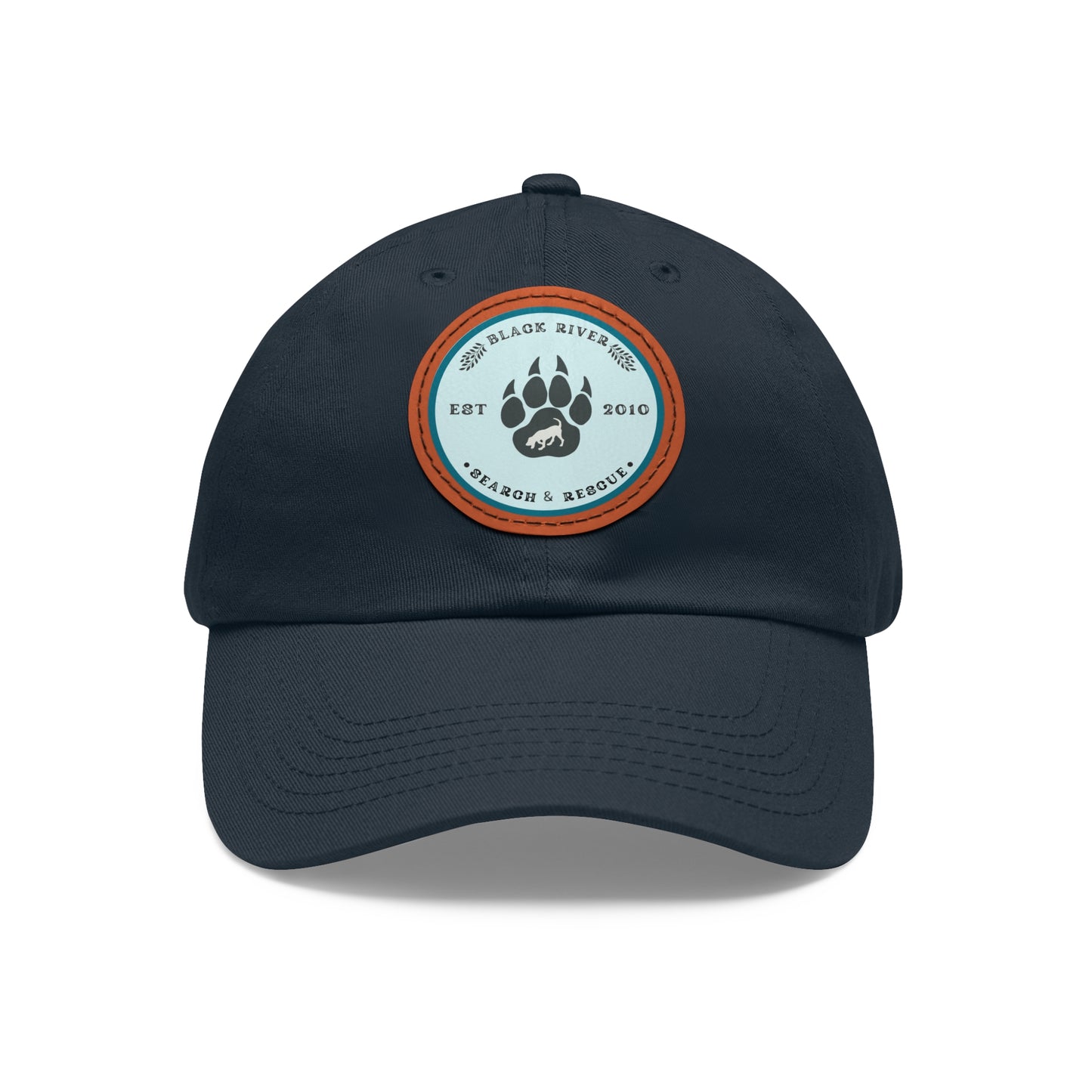 Unisex Hat with Leather Patch (Round), Black River Search & Rescue Logo, Turquoise patch