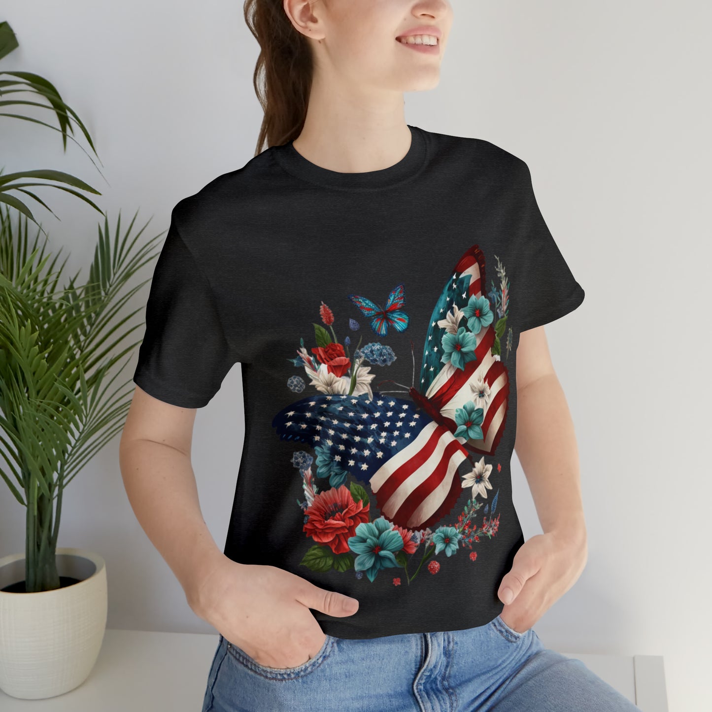 Unisex Jersey Short Sleeve Tee, American Flag, Butterfly, Patriotic