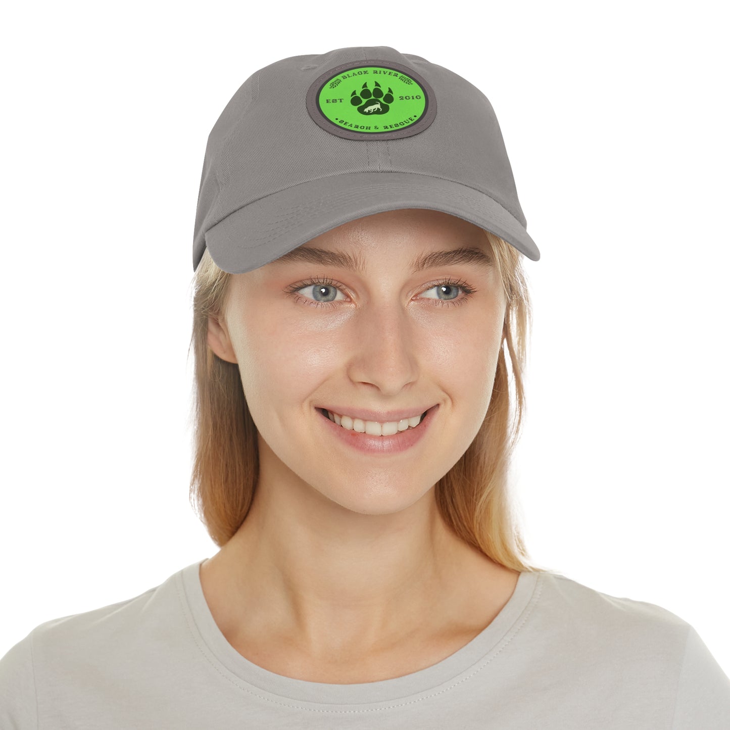 Unisex Hat with Leather Patch (Round), Black River Search & Rescue Logo, Lime Green patch