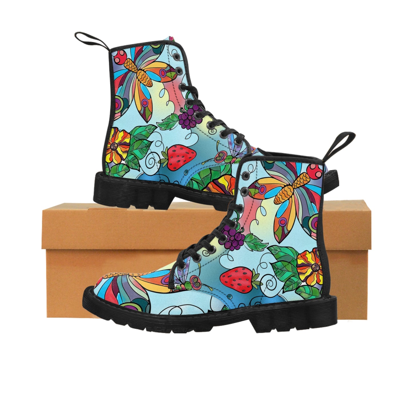 Women's Canvas Boots, watercolor, butterfly, dragonfly, multicolor