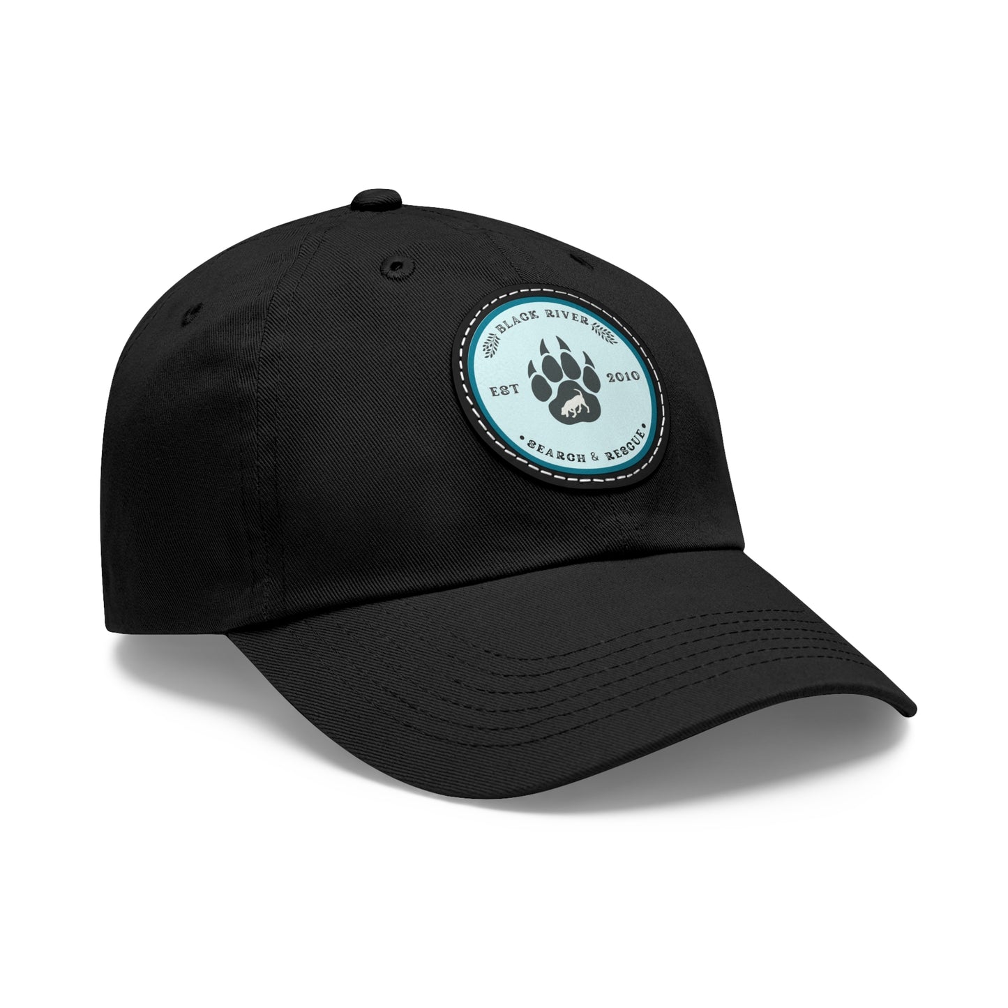 Unisex Hat with Leather Patch (Round), Black River Search & Rescue Logo, Turquoise patch