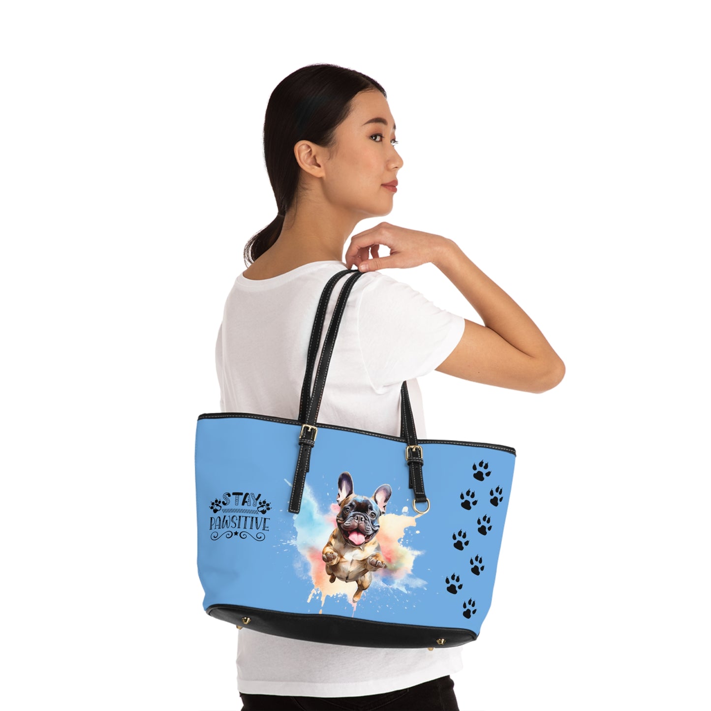 French Bulldog Leather Shoulder Bag Light Blue two Frenchie pictures You Had Me at Woof Stay Pawsitive