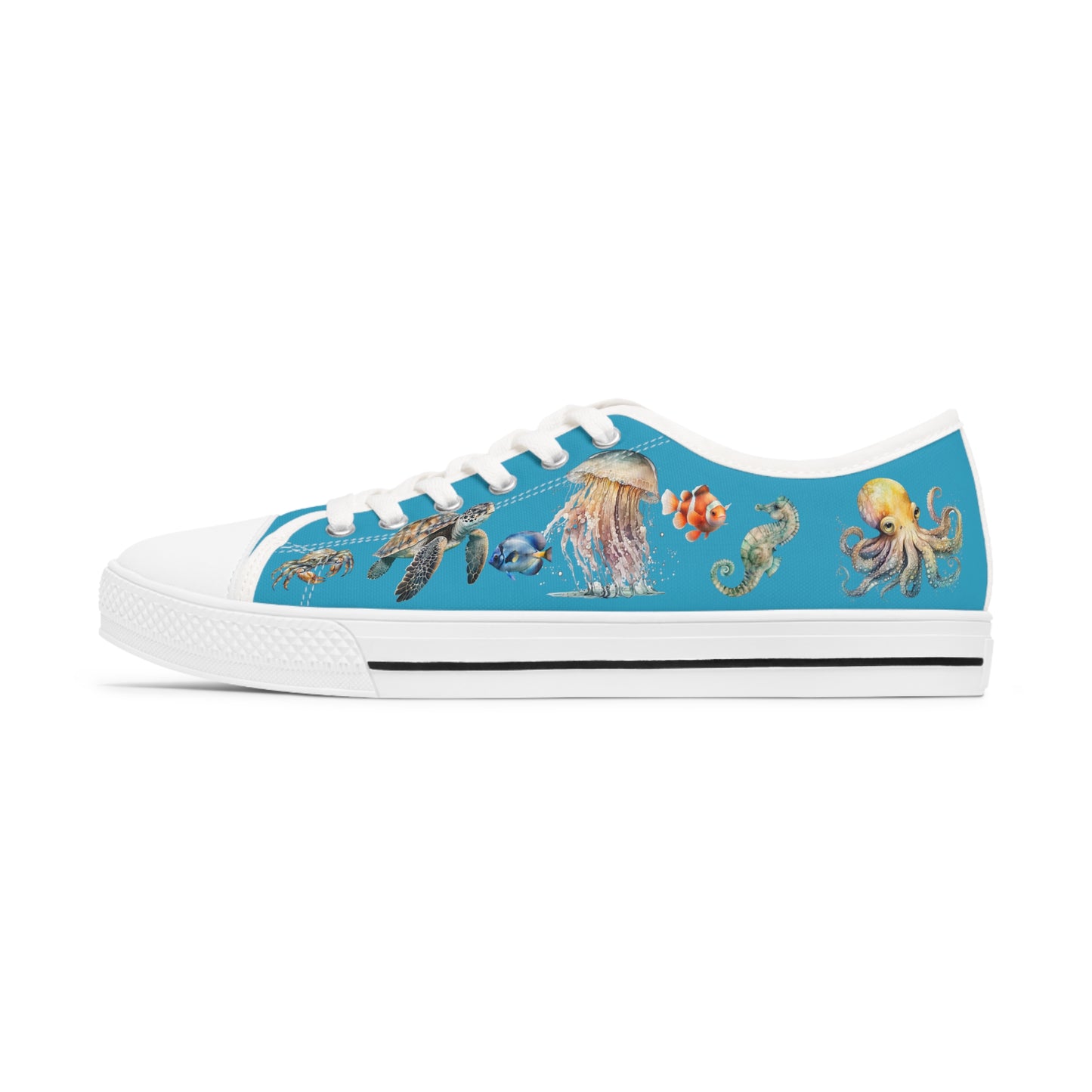 Womens Low Top Sneakers, Sea creatures sneakers, octopus shoe, seahorse canvas shoe, jellyfish, crab, fish