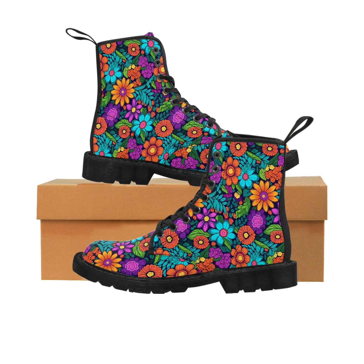 Women's Canvas Boots, Daisies, Sunflowers, Yellow, Purple, Aqua, Flowers, Retro small print flowers