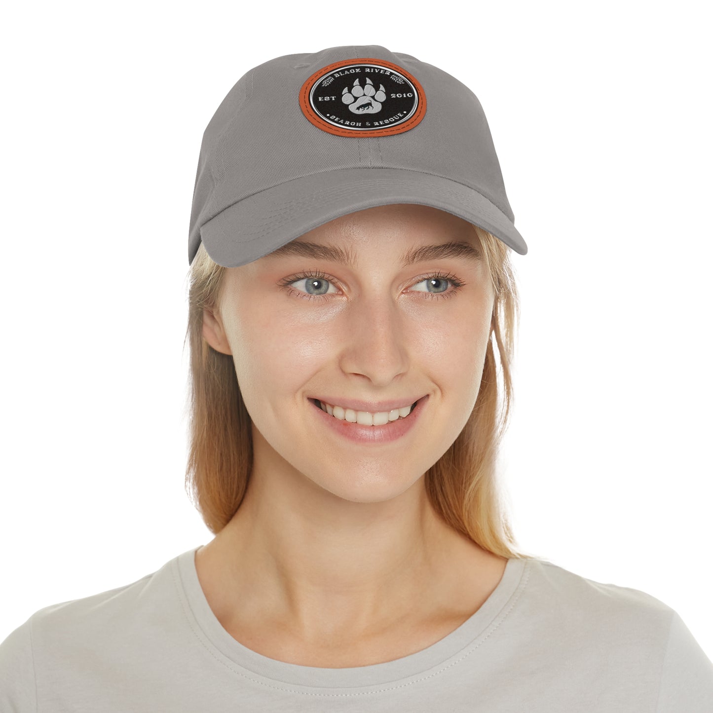 Unisex Hat with Leather Patch (Round), Black River Search & Rescue Logo, black & white patch