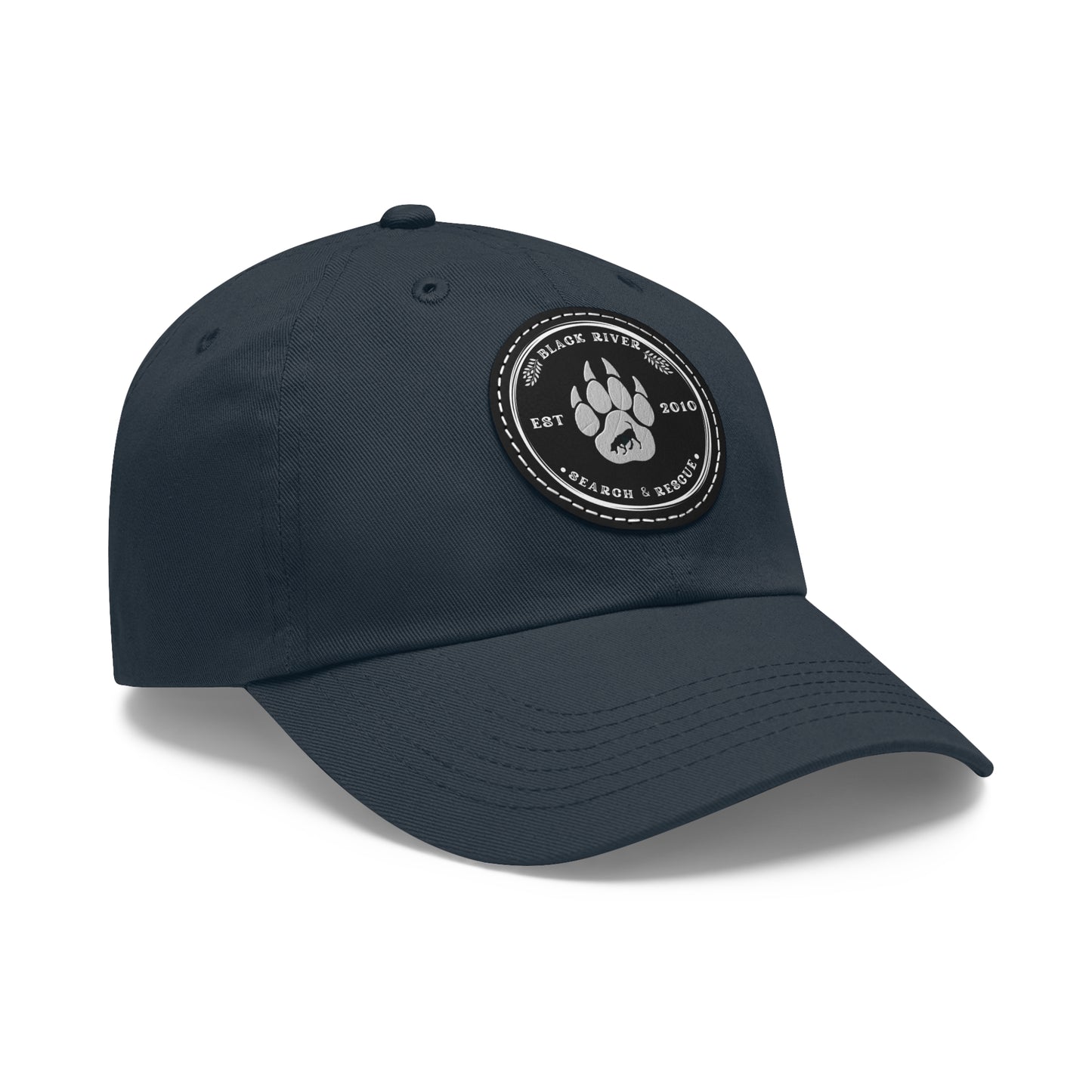 Unisex Hat with Leather Patch (Round), Black River Search & Rescue Logo, black & white patch