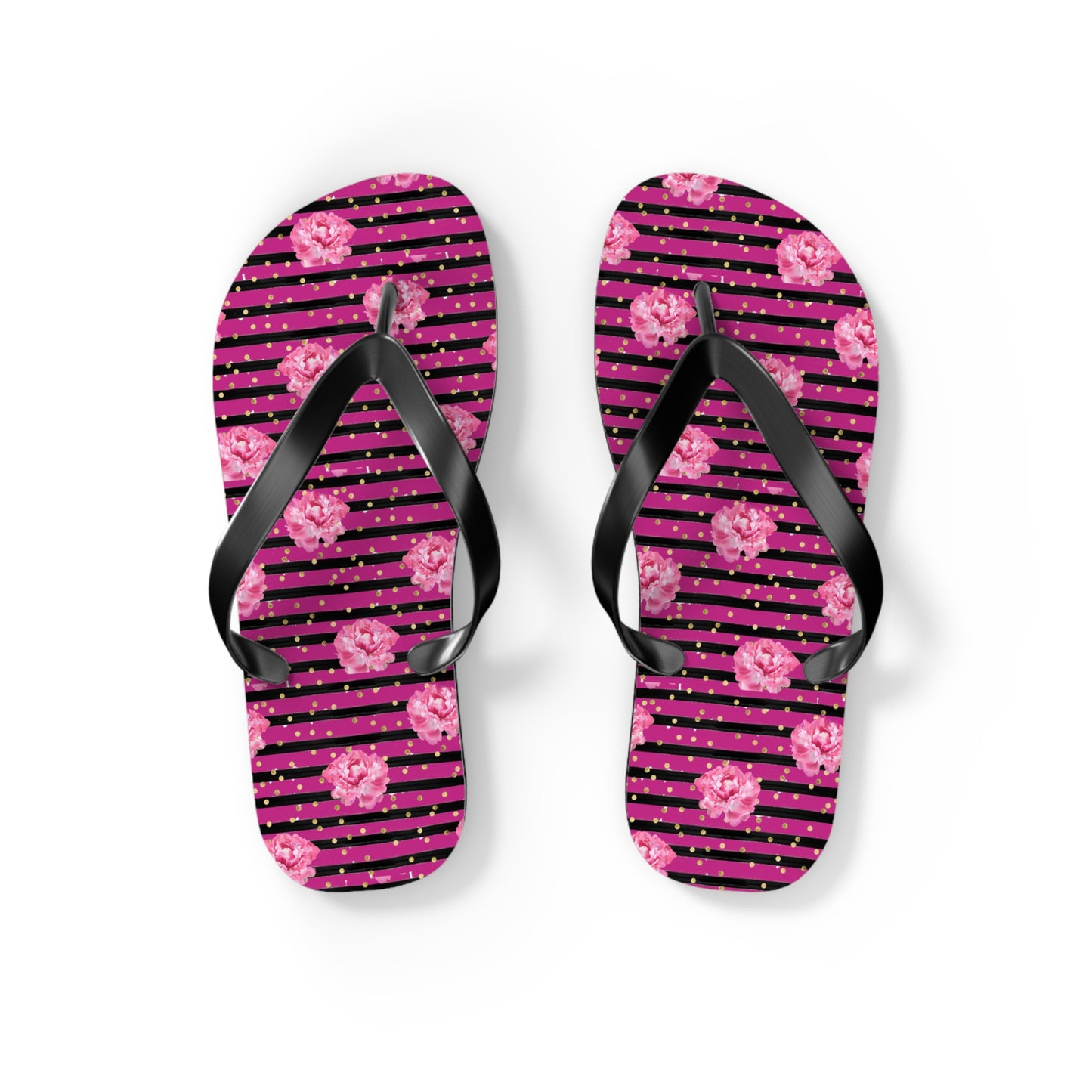 Bright Pink rose and black striped Flip Flops