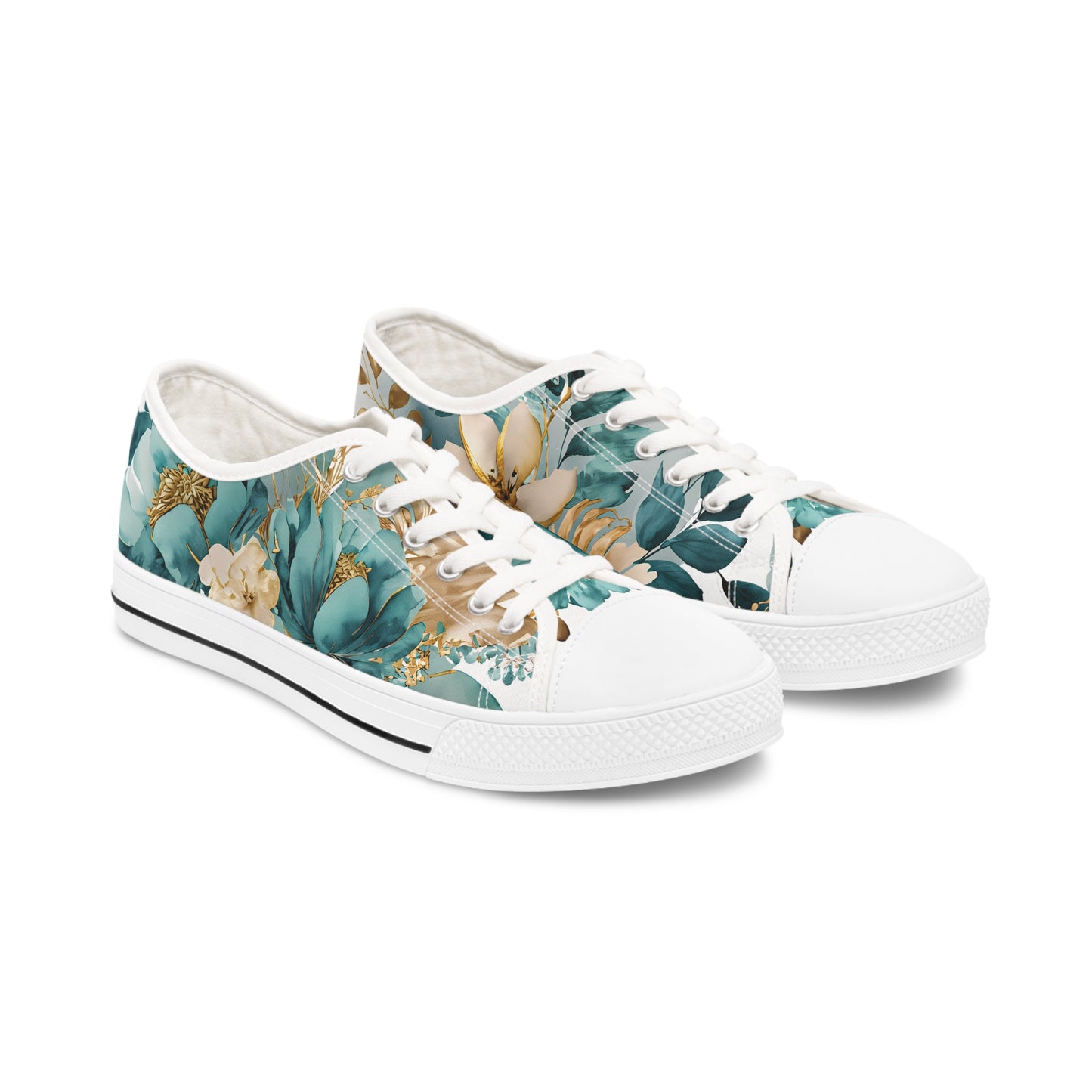 Women's Low Top Sneakers, Turquoise, Gold, Multi-color flowers