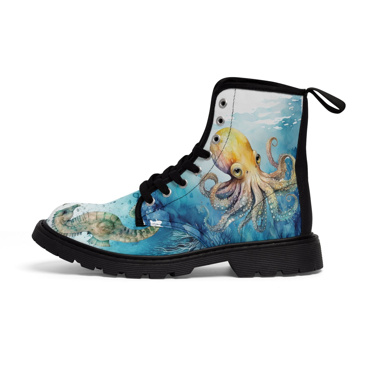 Women's Canvas Boots, Under the sea, seahorse, sea turtle, octopus