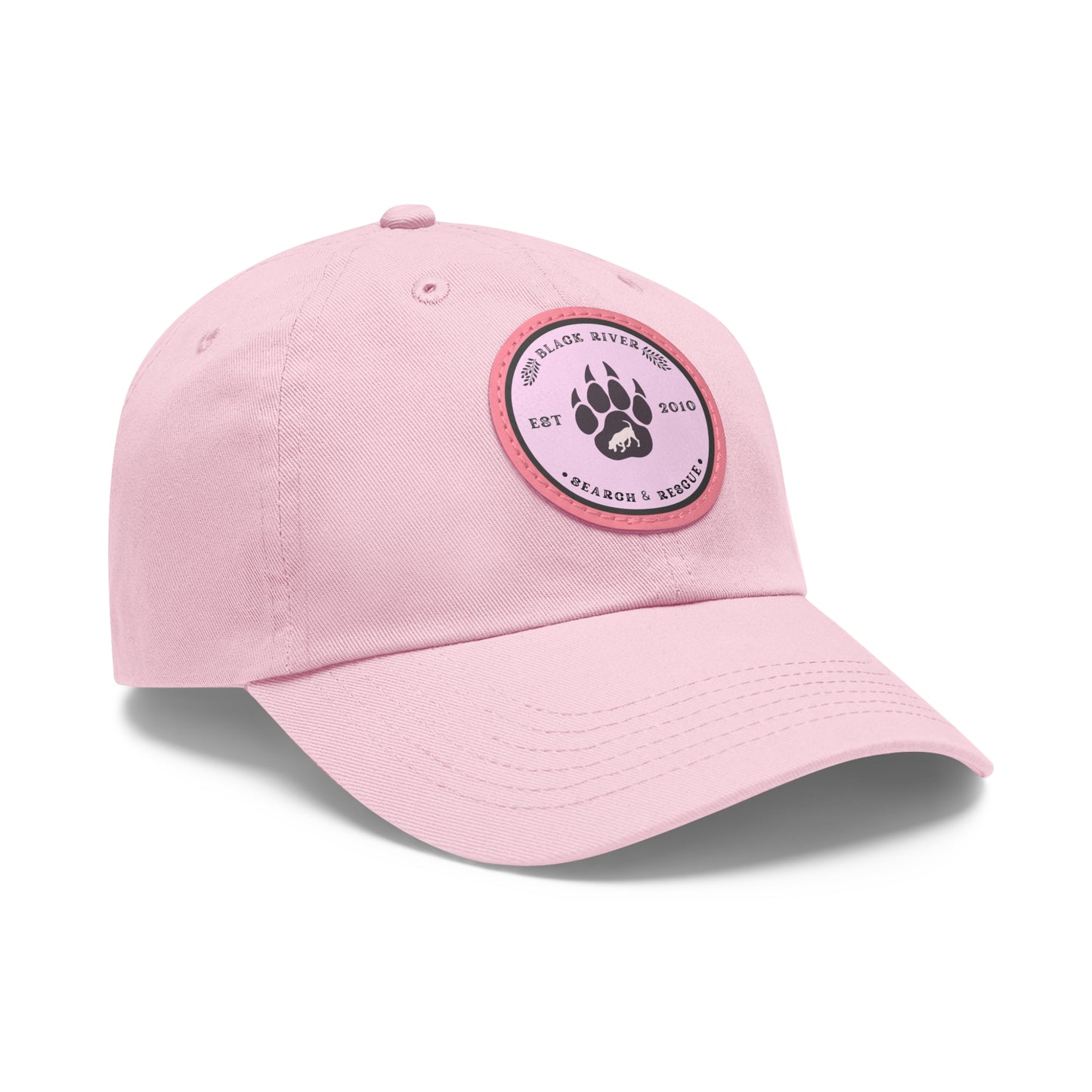 Copy of Unisex Hat with Leather Patch (Round), Black River Search & Rescue Logo, Pink patch