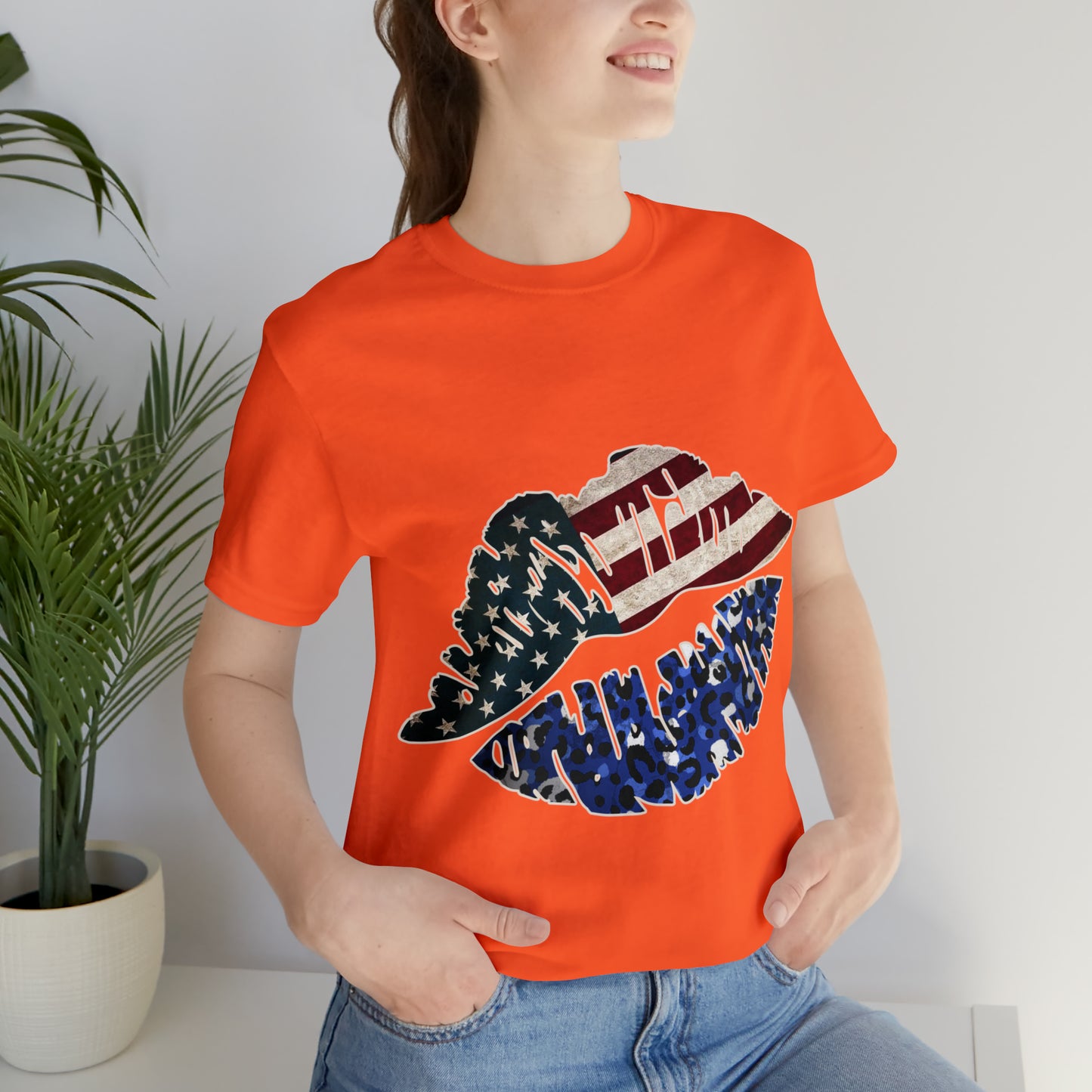 American Flag Lips 4th of July Unisex Jersey Short Sleeve Tee Patriotic Retro