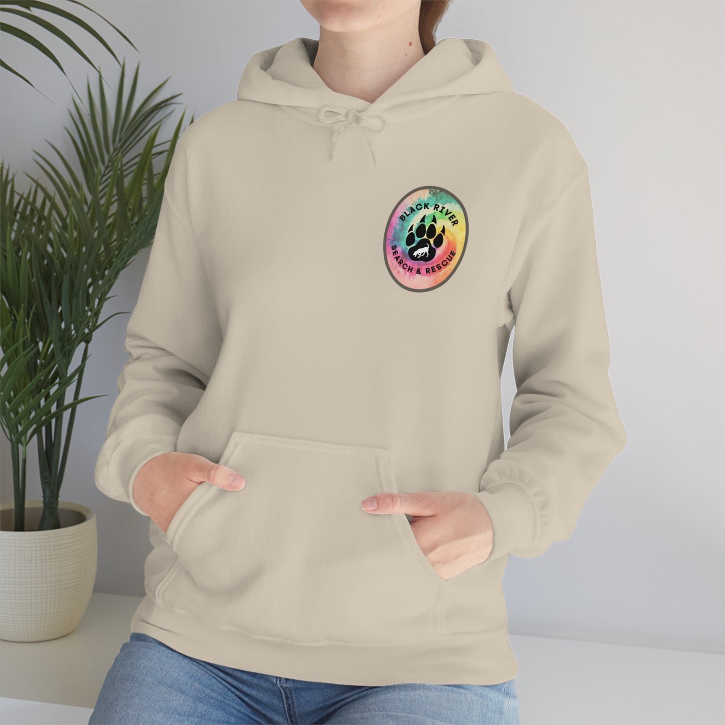 Tie Dye Black River Search & Rescue Logo with Lucy Unisex Heavy Blend™ Hooded Sweatshirt