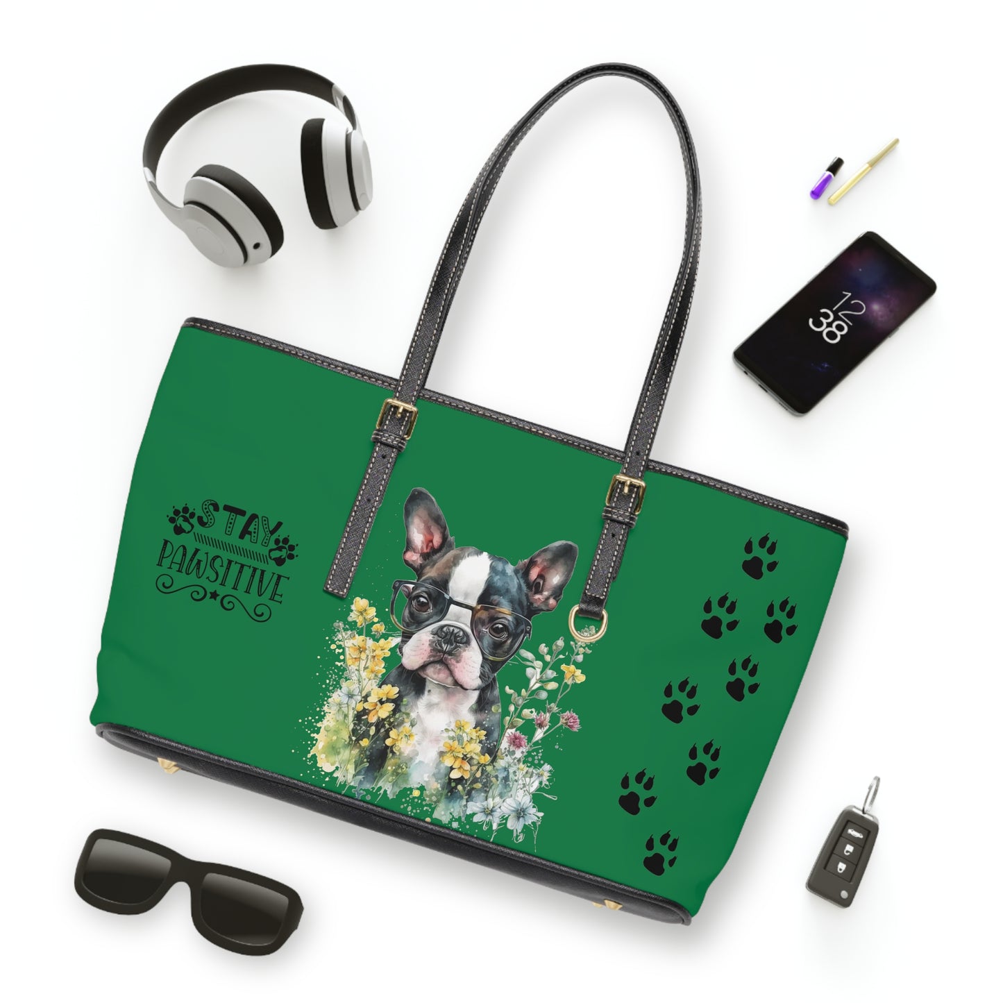 Boston Terrier Puppy Leather Shoulder Bag Green two Boston Terrier puppies You Had Me at Woof Stay Pawsitive