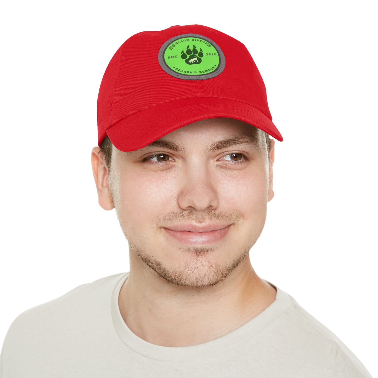 Unisex Hat with Leather Patch (Round), Black River Search & Rescue Logo, Lime Green patch