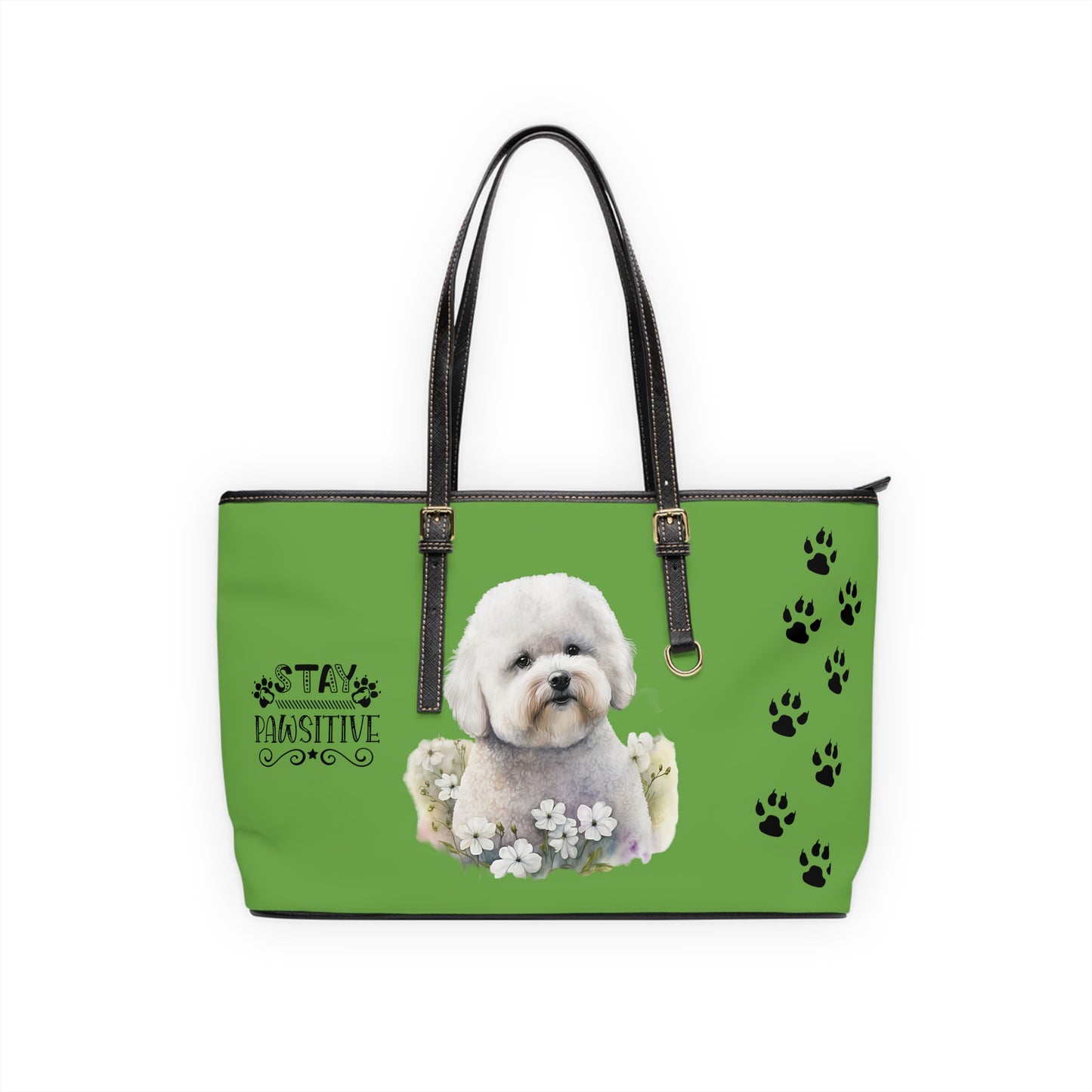 Bichon Frise Leather Shoulder Bag Lime Green two Bichon pictures You Had Me at Woof Stay Pawsitive