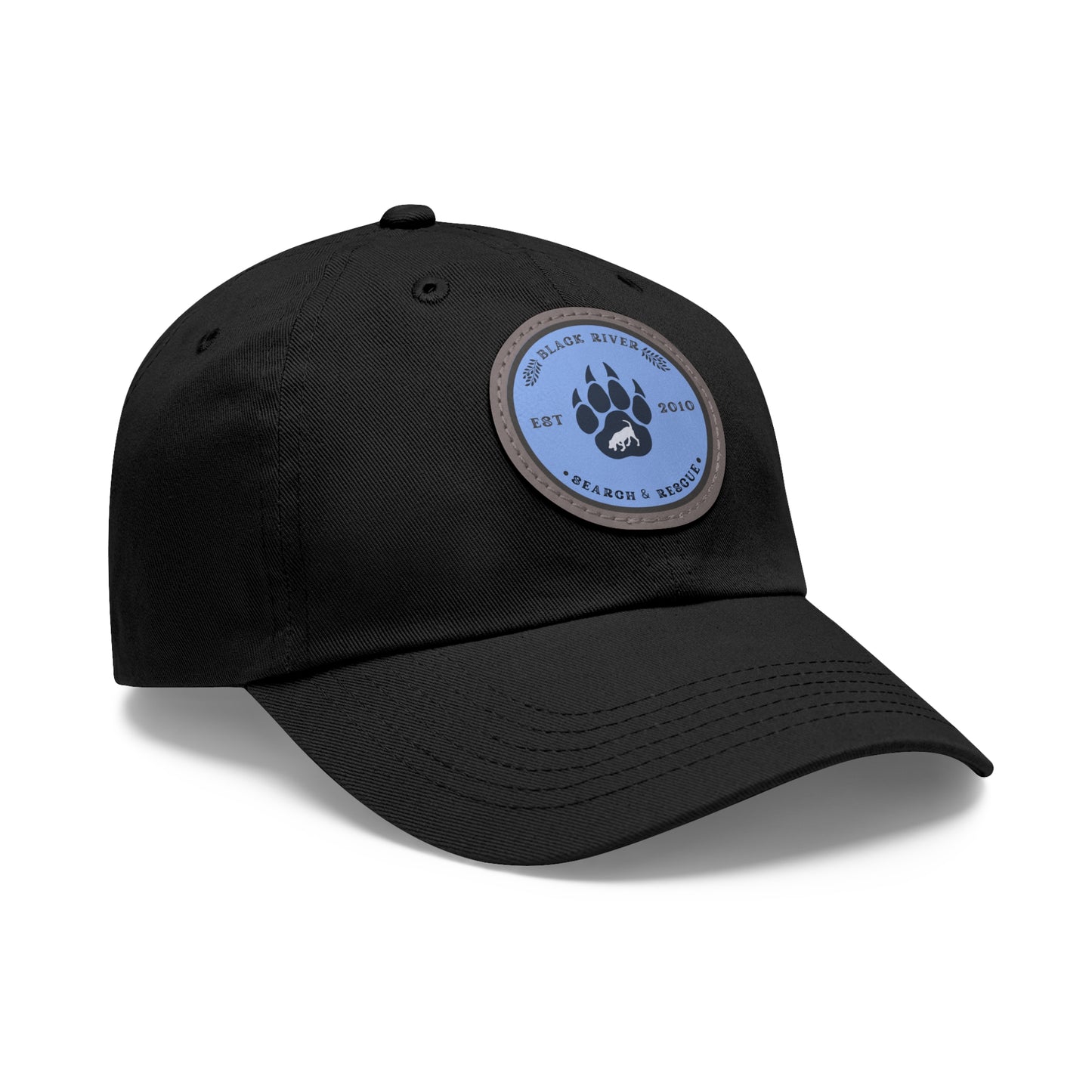 Copy of Unisex Hat with Leather Patch (Round), Black River Search & Rescue Logo, Vintage Blue patch