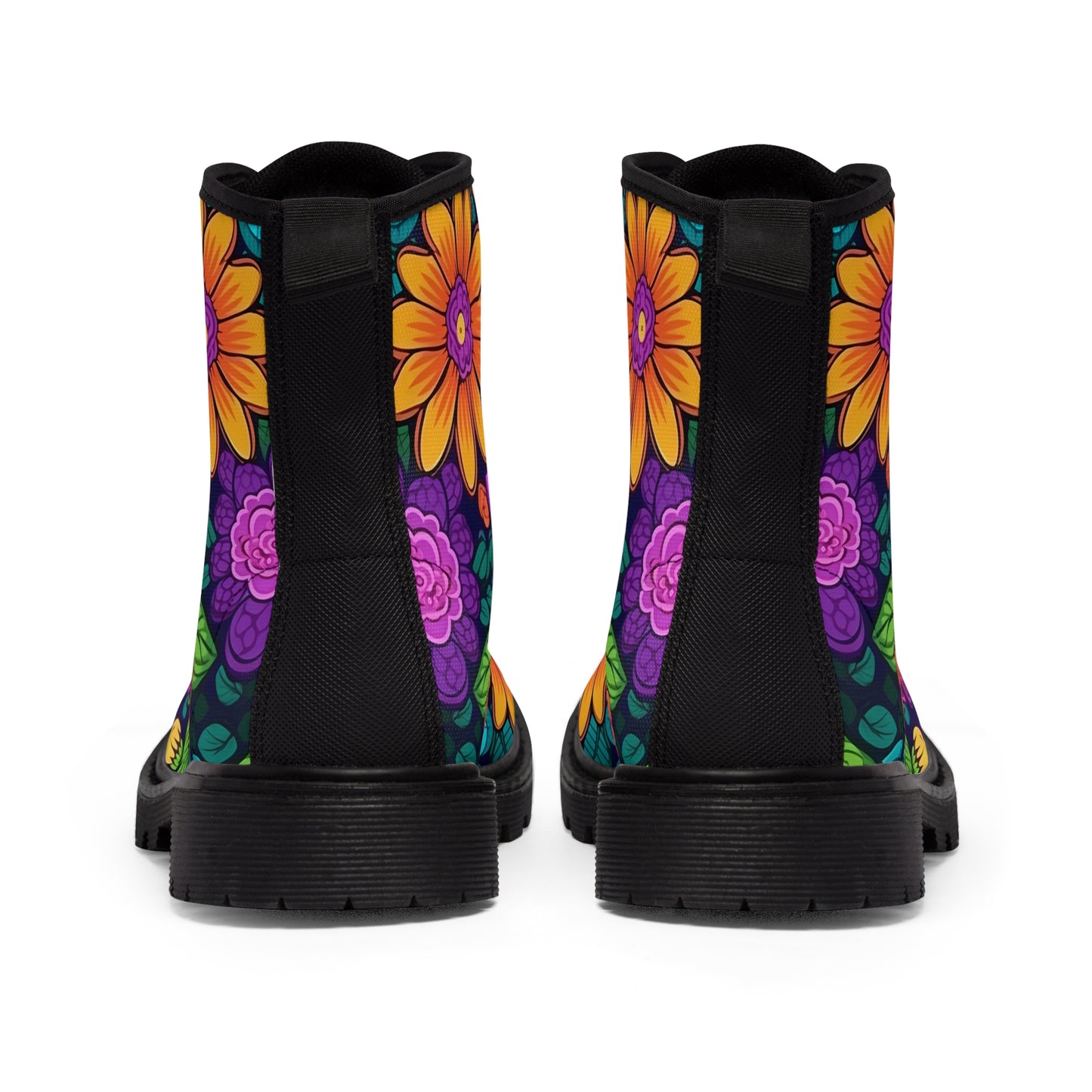 Women's Canvas Boots, Daisies, Sunflowers, Yellow, Purple, Aqua, Flowers, Retro