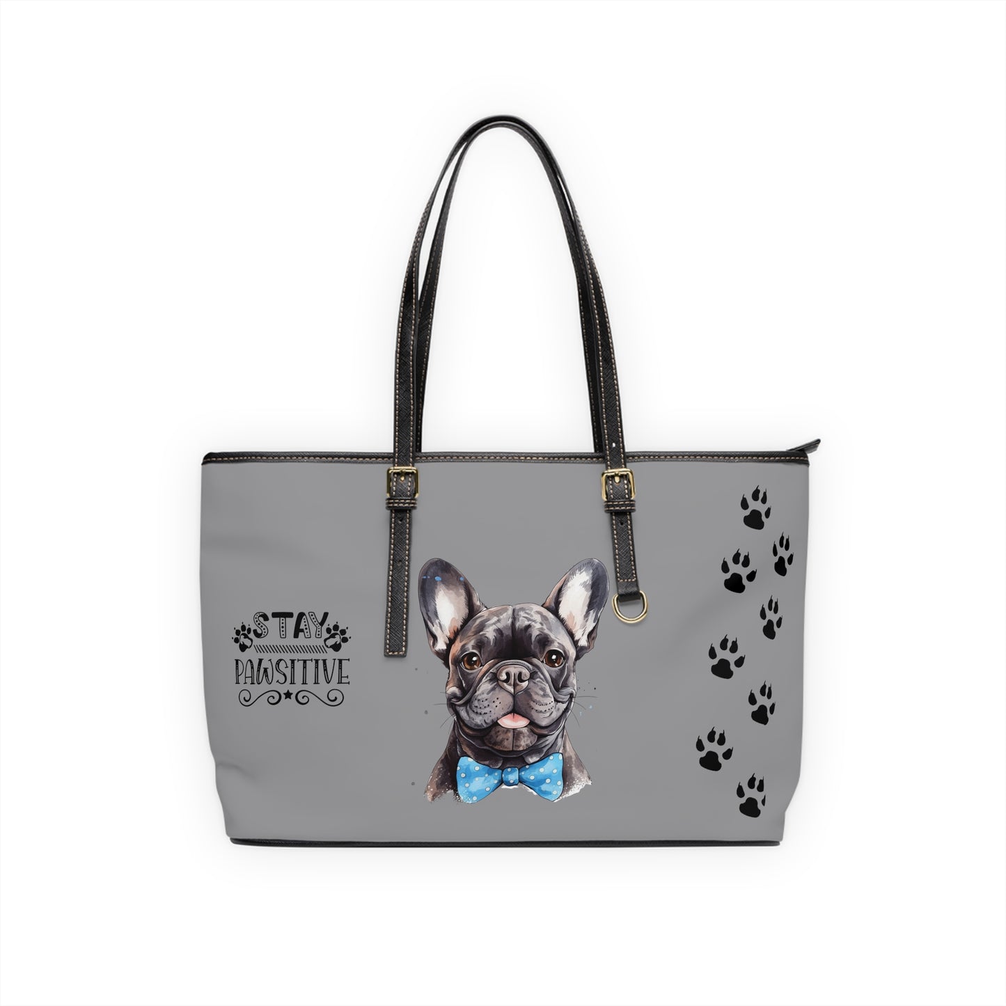 French Bulldog Leather Shoulder Bag Grey two Frenchie pictures You Had Me at Woof Stay Pawsitive